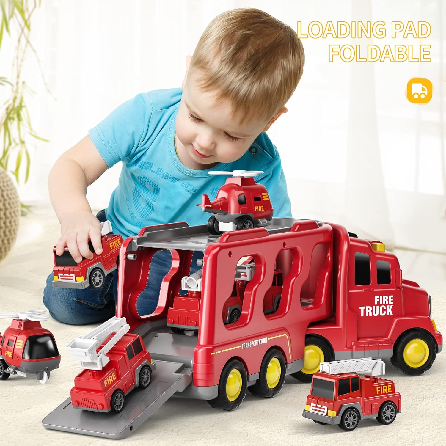 TEMI Fire Truck Toys for 2 3 4 5 6 Years Old Boys Girls - 5 in 1 Carrier Truck Transport for Toddlers 1-3, Friction Power Fire Engine Toys for Kids 3-5, Christmas Birthday Gifts image number 1