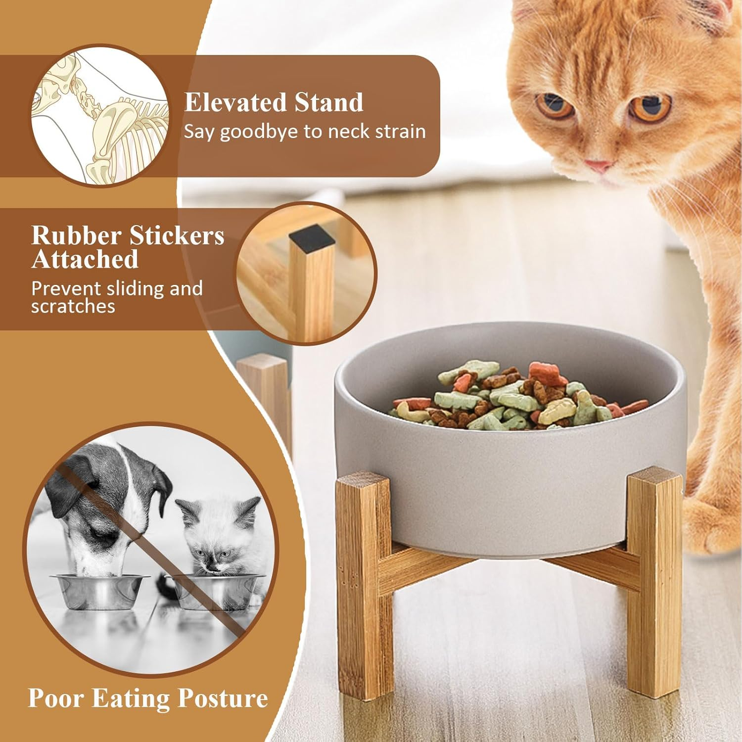 White Ceramic Elevated Raised Cat Bowls,Cat Food Dish with Stand, Raised Cat Food or Water Bowls anti Vomiting,Pet Bowl with anti Slip Rubber Pad,Stress Free for Cats and Small Dogs（400Ml/13.5Oz) - Green image number 2
