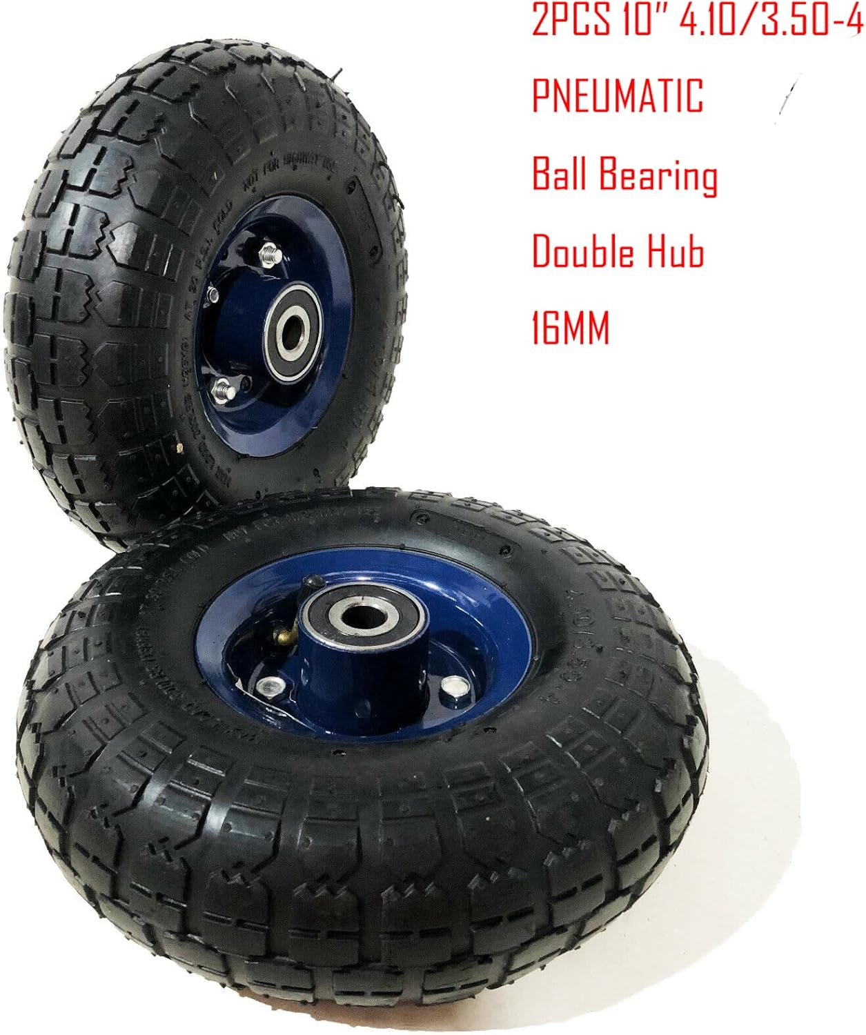 2PCS 10" 4.10/3.50-4 Wheelbarrow Cart Wheels - Heavy-Duty Pneumatic Tyres with Sealed Bearings, Metal Rim, and Multiple Sizes (16Mm/19Mm/20Mm)120Kg Capacity, Not for Highway Use (16MM) image number 2