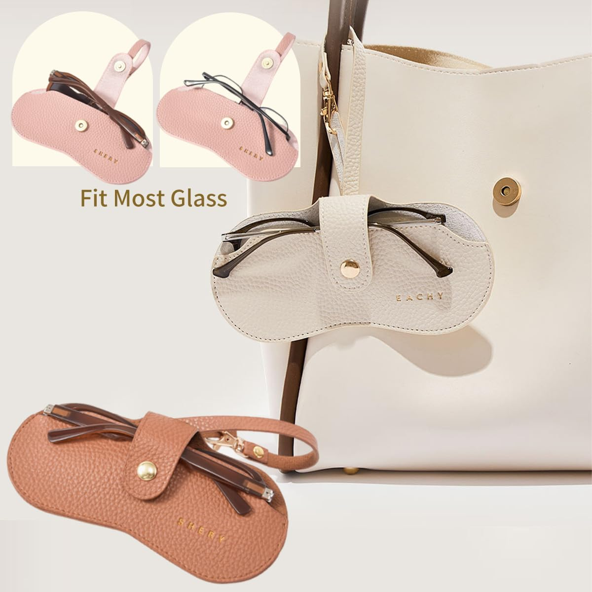 3 Pack Soft Leather Sunglasses Bag, Portable Eyeglass Case Holder Slim Glasses Pouch with Button Clip Wrist Strap, Eyewear Sleeve for Women Men (Beige, Pink, Brown)