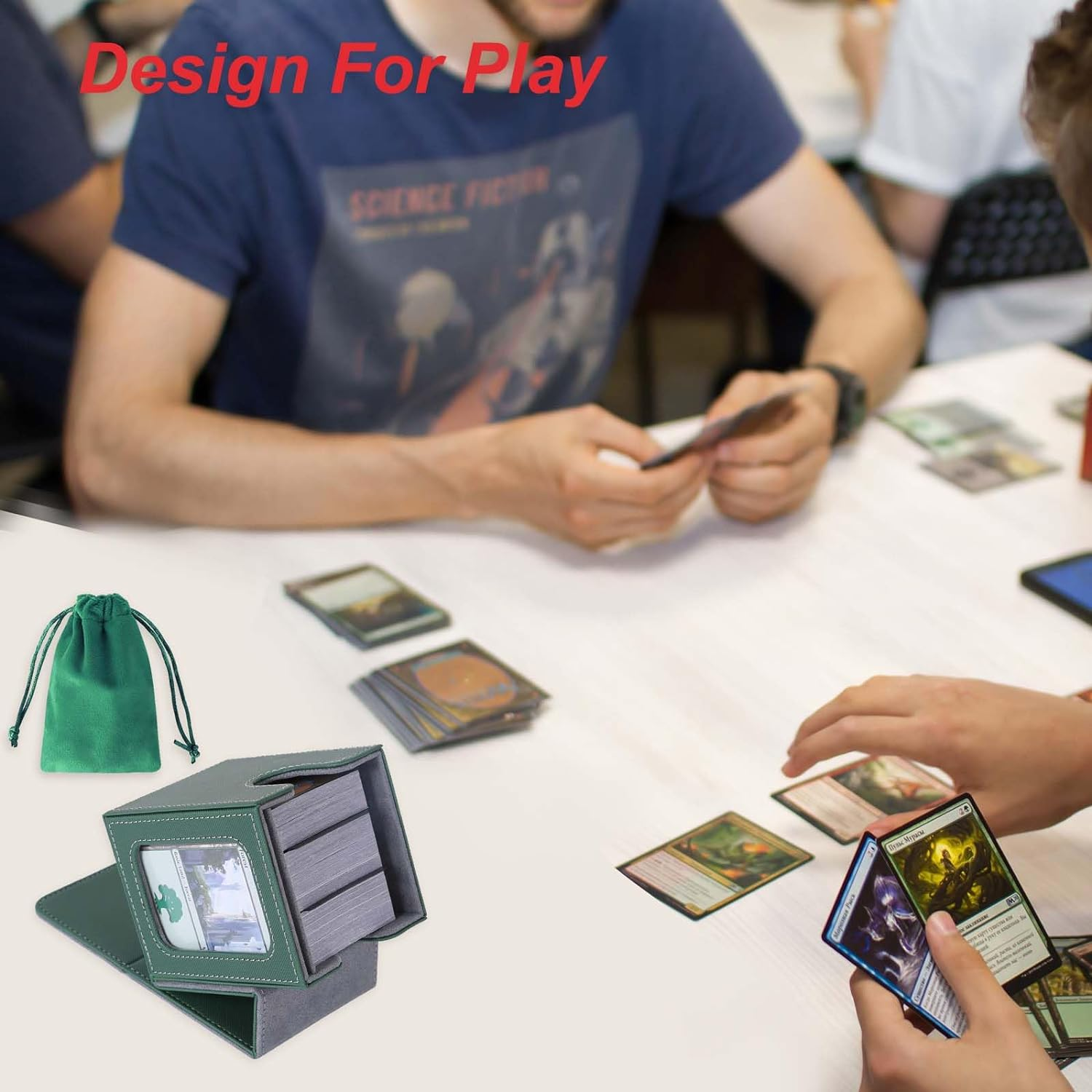 AFIING MTG Deck Box for Commander Display,Card Deck Box Fits 100 Double Sleeved Cards, Magic Commander TCG Card Storage Box with 2 Dividers,Drawstring Bag and 1 Toploader(Green/Grey)