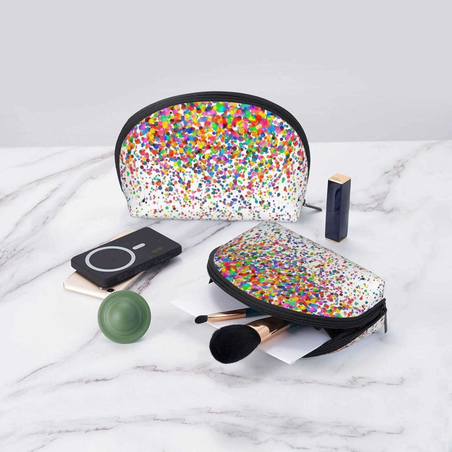 Cozimangoe Coin Pouch Makeup Bags Set, 2 Piece Shell Shape Cosmetic Bag with Pockets for Daily Travel Handbag Lipstick Keys Toiletry, Personalized Colored Dots Art Printed image number 1