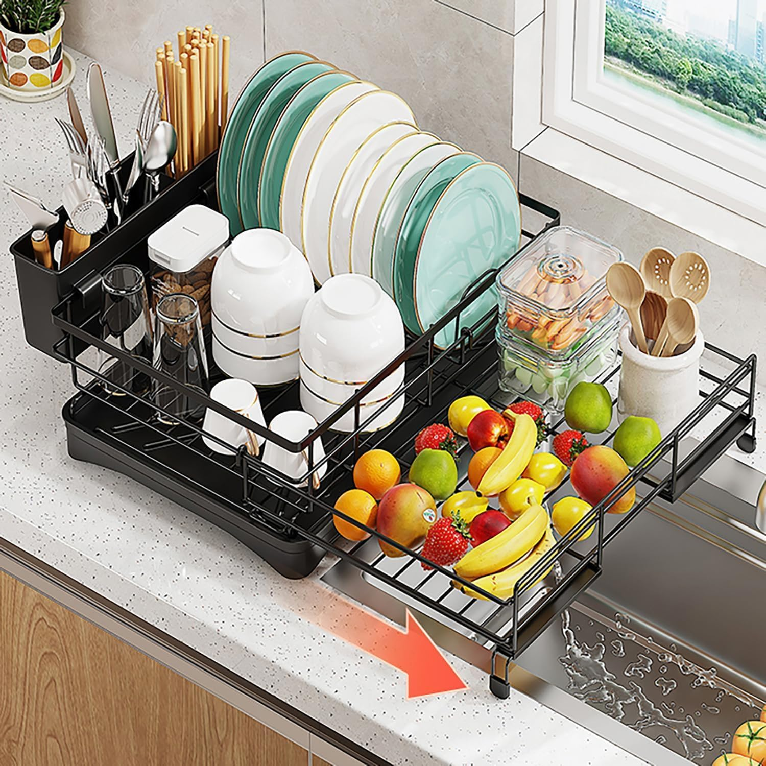 Dish Drying Rack with Drainboard - Expandable 2-In-1 Dish Drainer with Swivel Drainage Spout, Rust-Resistant Dish Rack with Pan Slots and Cutlery Holder for Kitchen Counter and Sink, Black image number 3