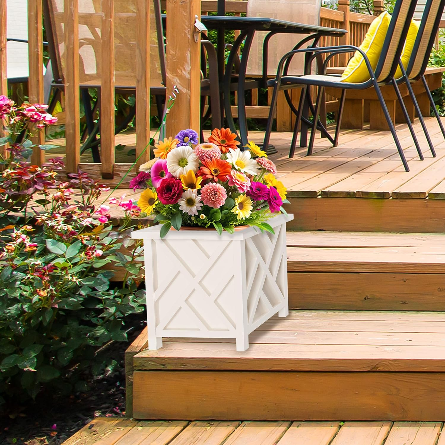 Pure Garden Lattice Design Planter Box - 15.5-Inch-Square Decorative Outdoor Flower or Plant Pot - Front Porch, Patio, and Garden Decor (White) image number 6