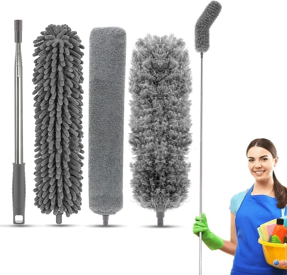 New Upgrade Feather Duster 100Inch Bold Extension Telescopic Pole, Bendable & Washable Microfiber Dusters,With 3 Brush for Cleaning Ceiling Fan, Cobweb,Gap, High Ceiling, Blinds, Furniture, Cars