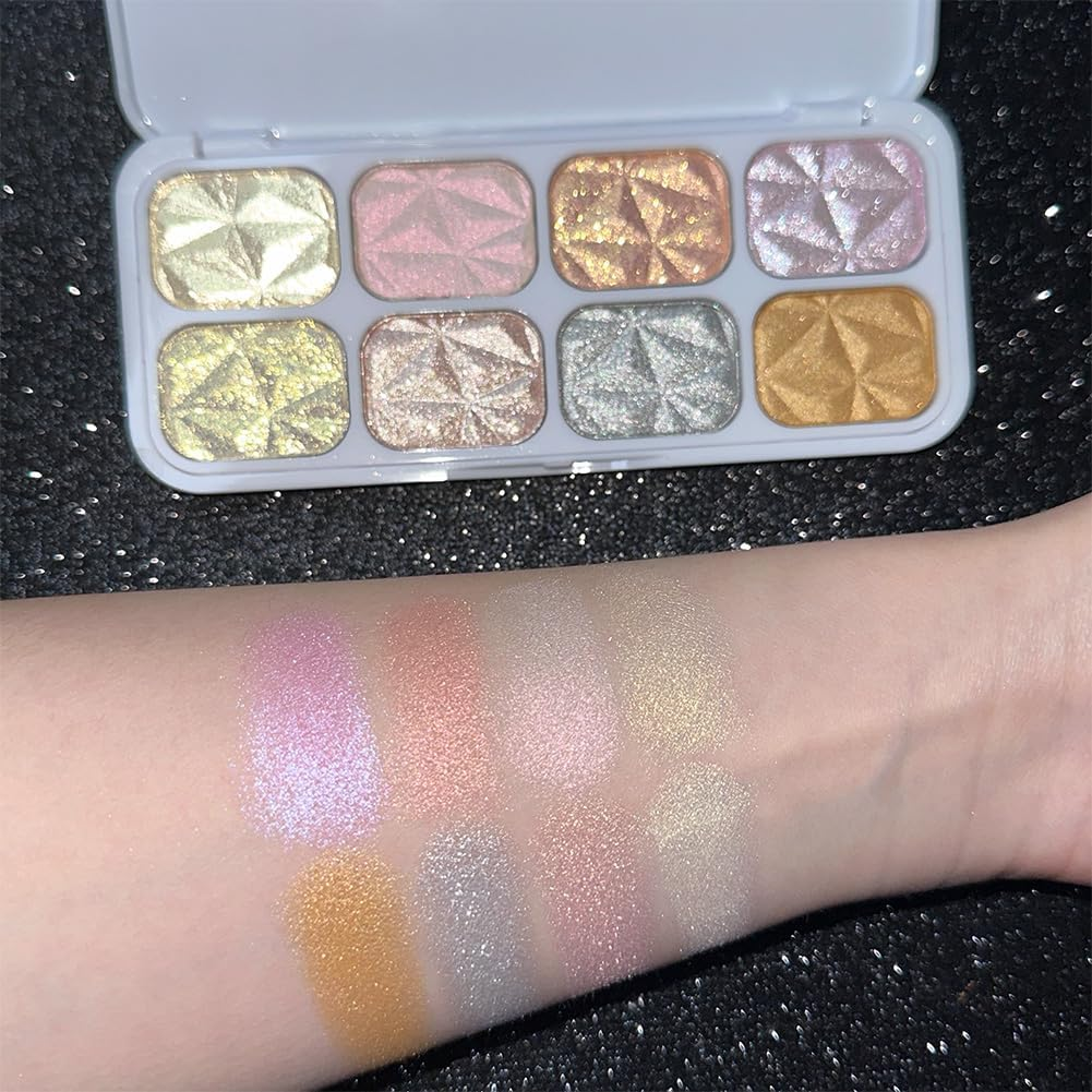 8 Colors Highlight Eyeshadow Palette,Sparkle Highlighter Shiny Eye Shadow Plate Pigmented Glitter Eyeshadow Professional Makeup (Highlighter) image number 1