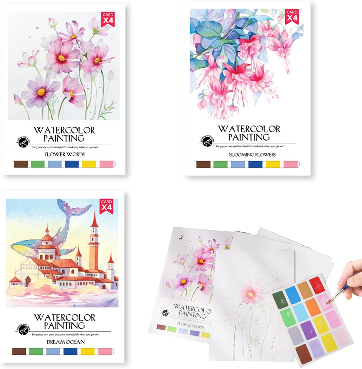 MEIYUETAOSI Watercolor Paint Pad Kit, 3 Themes12 Watercolor Coloring Books for Kids Teens and Adults Beginners 6.6 * 9'' image number 1