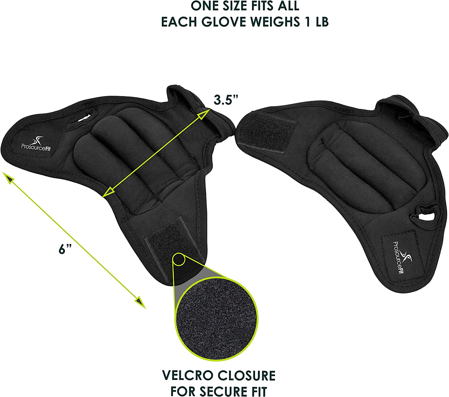 Prosource Fit Weighted Gloves, Pair of 2 Lb. Neoprene Hand Weights for Cardio Workouts - Black image number 2