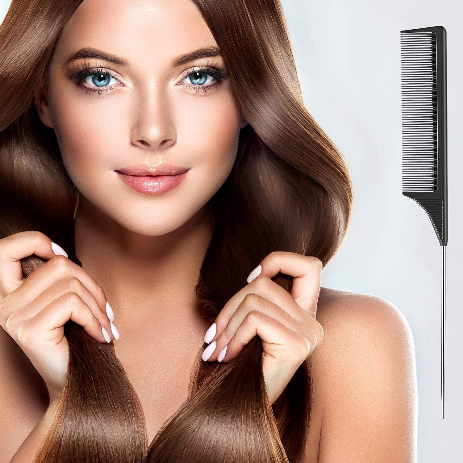 Rat Tail Combs with Heat Resistant Carbon Fiber Fine Tooth and Stainless Steel Handle Pin Design for Pintail Hair Parting Teasing image number 3