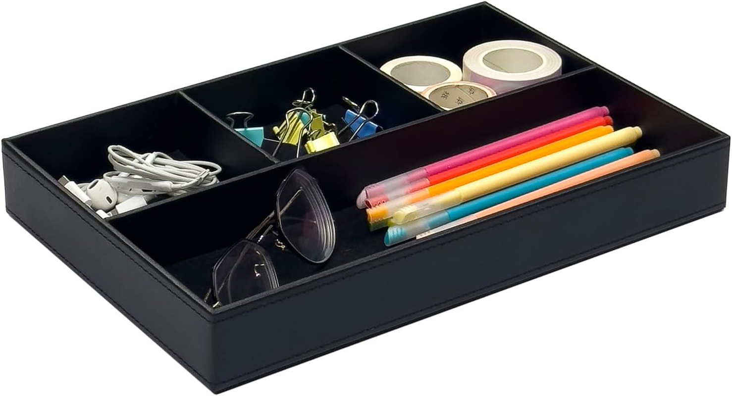Unionbasic Flat 4-Slot Leather Desk Drawer Tray Stationery Sundries Gadget Organizer Storage Box Pen Pencil Holder Case Container, Black image number 2
