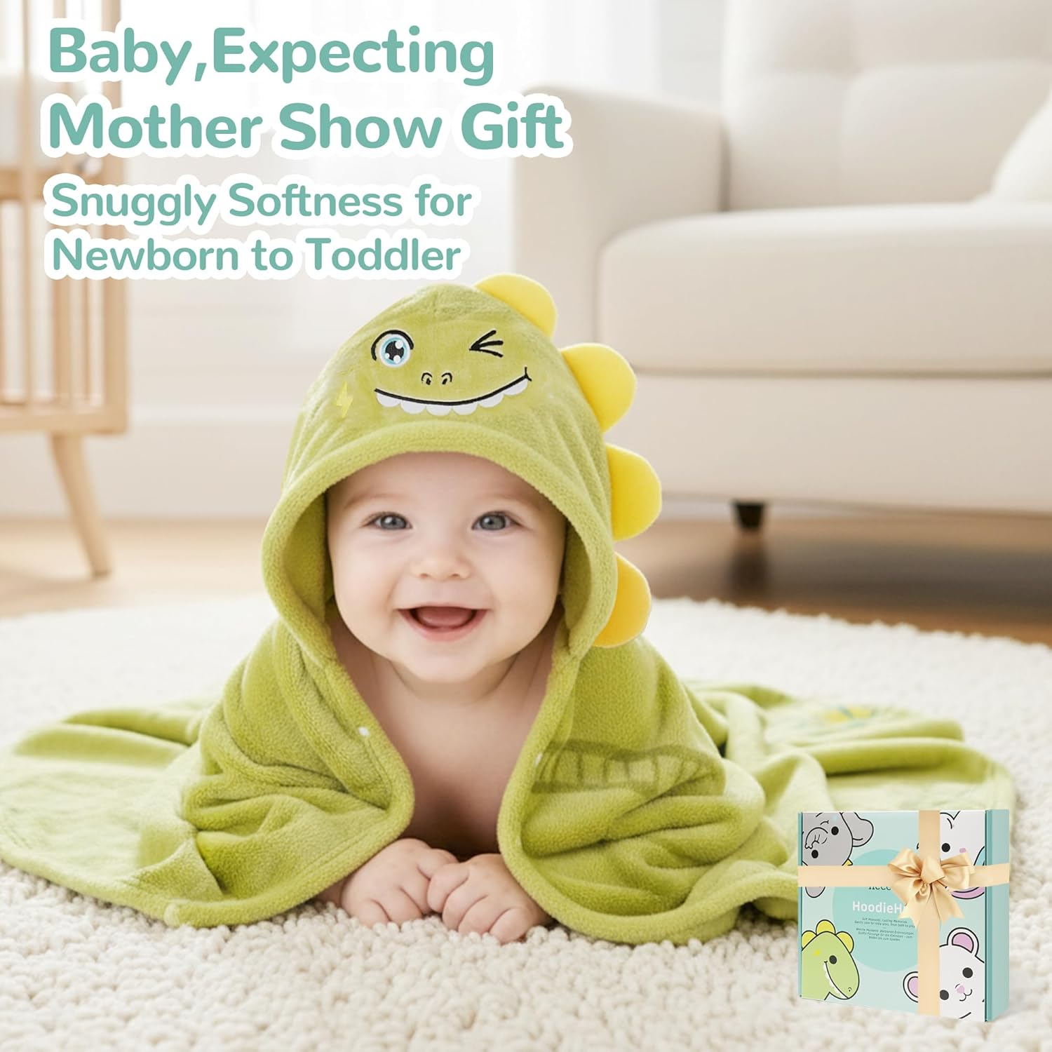 HECCEI Hoodiehug Baby Towels, Premium Coral Fleece Bath Towel with Large Size-Ultra Absorbent for Baby Comfort (Dinosaur) - Dinosaur + Elephant image number 7