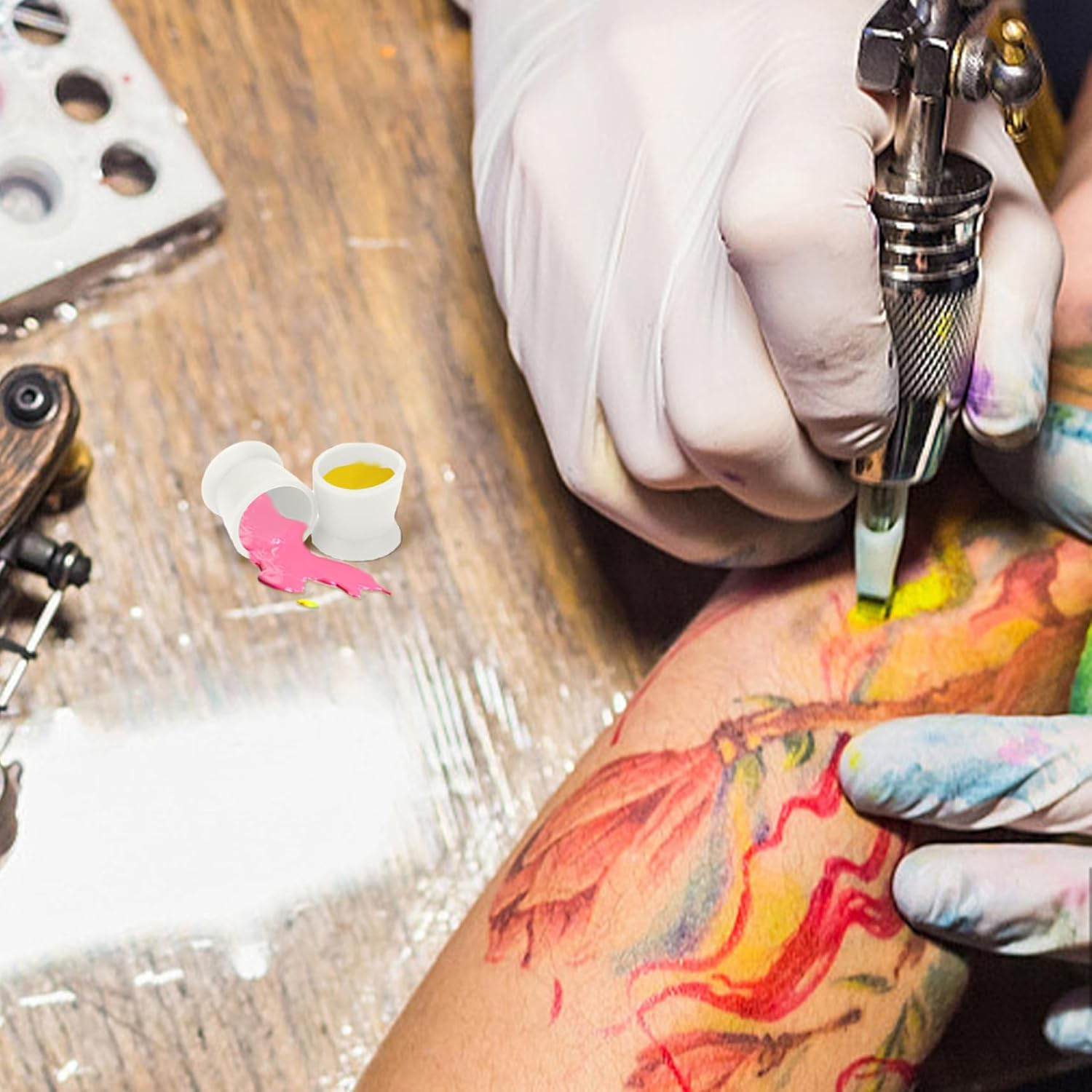 300Pcs Tattoo Ink Cups, Disposable Silicone Ink Caps 0.51X0.47" Food-Grade Silicone Pigment Cup Tattoo Supplies, White, Caps, Cups image number 4