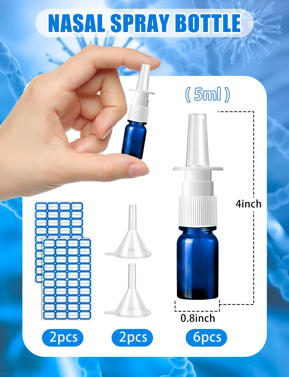ZHWKMYP 10 Pcs Nasal Spray Bottle, 5ML/0.17OZ 6 Pcs Blue Fine Mist Glass Empty Refillable Nasal Spray Bottle with 2 Pcs Funnels and 2 Pcs Labels - Blue 10Pcs image number 2
