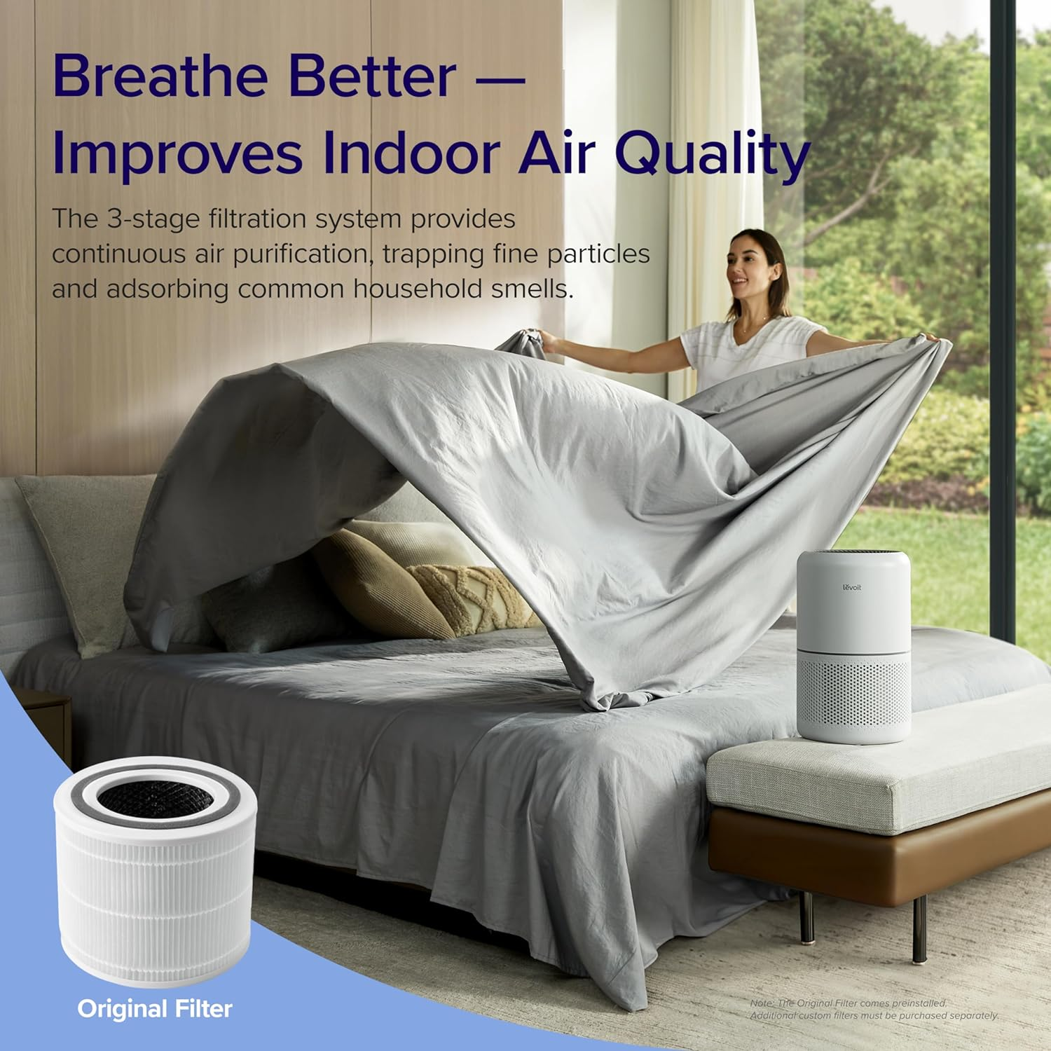 Air Purifiers for Home Dust Smoke Pet Hair, up to 40M&sup2;, H13 True HEPA Air Filter with Timer, Sleep Mode, Ozone Free, 24Db Quiet Air Cleaner for Bedroom, Office, Core 300, White image number 4