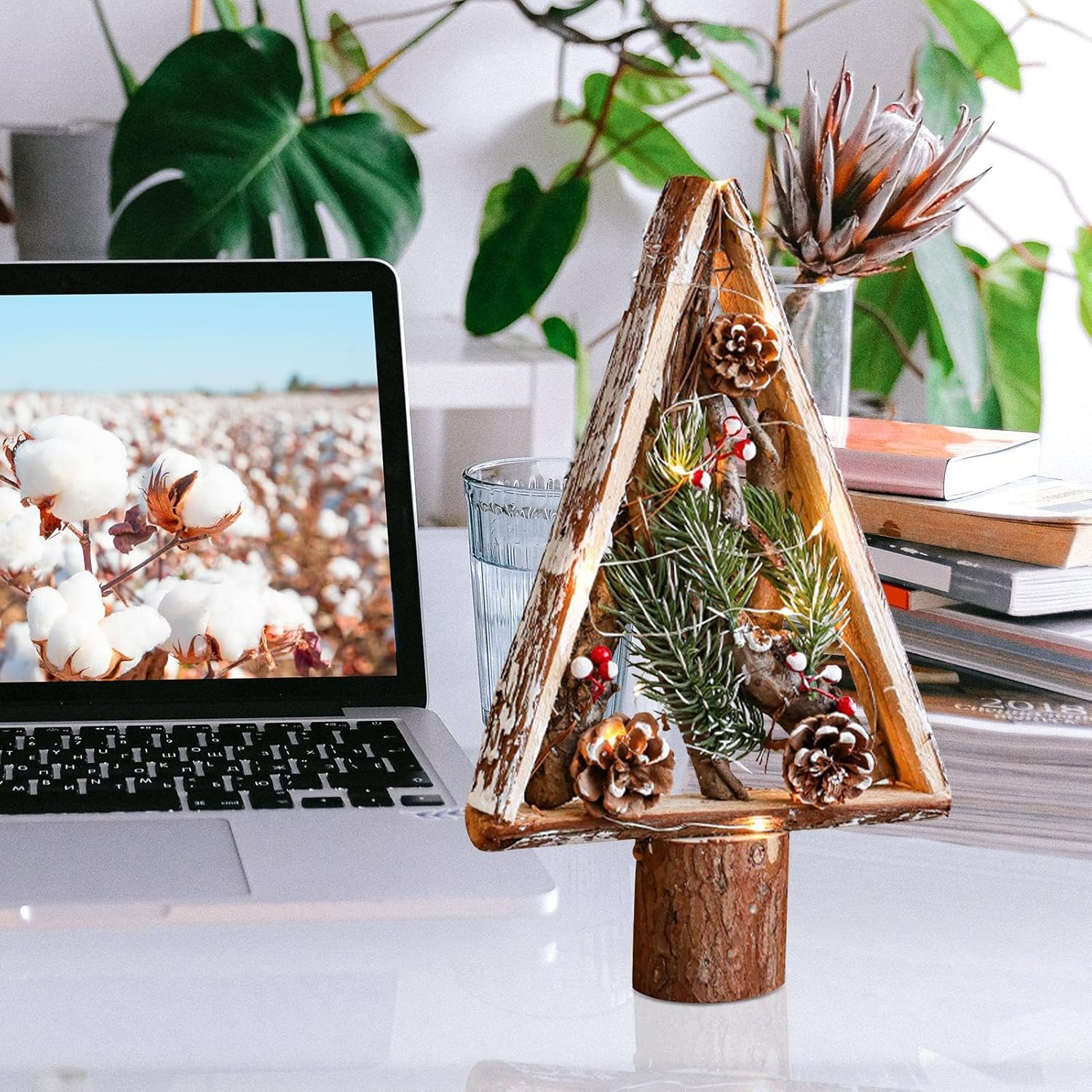 Wood Christmas Tree - Standing Christmas Tree Wood Sign | Table Centerpieces, Pine Cones Wooden Ornament, Farmhouse Party Favors for Home Desk Shelf image number 5