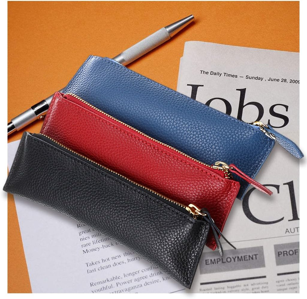 BTSKY Genuine Leather Pencil Case - Zippered Pen Case Stationery Bag Zipper Pouch Pencil Holder(Blue) image number 4