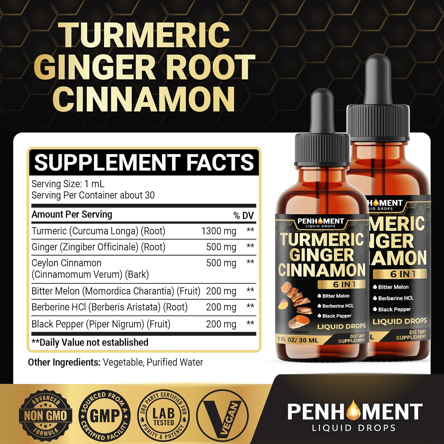 PENHOMENT 6In1 Liquid Turmeric Curcumin with Ginger, Berberine, Ceylon Cinnamon, Bitter Melon, Black Pepper - Drops Extract for Joint Support - 2Packs of 1 Fl Oz