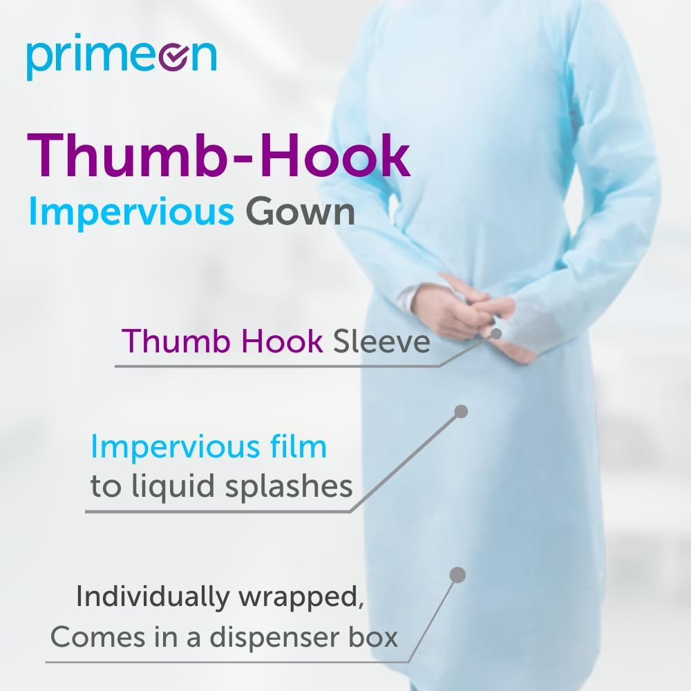 Primeon Impervious Medical Gown with Thumb Loops, Regular, Pack of 15
