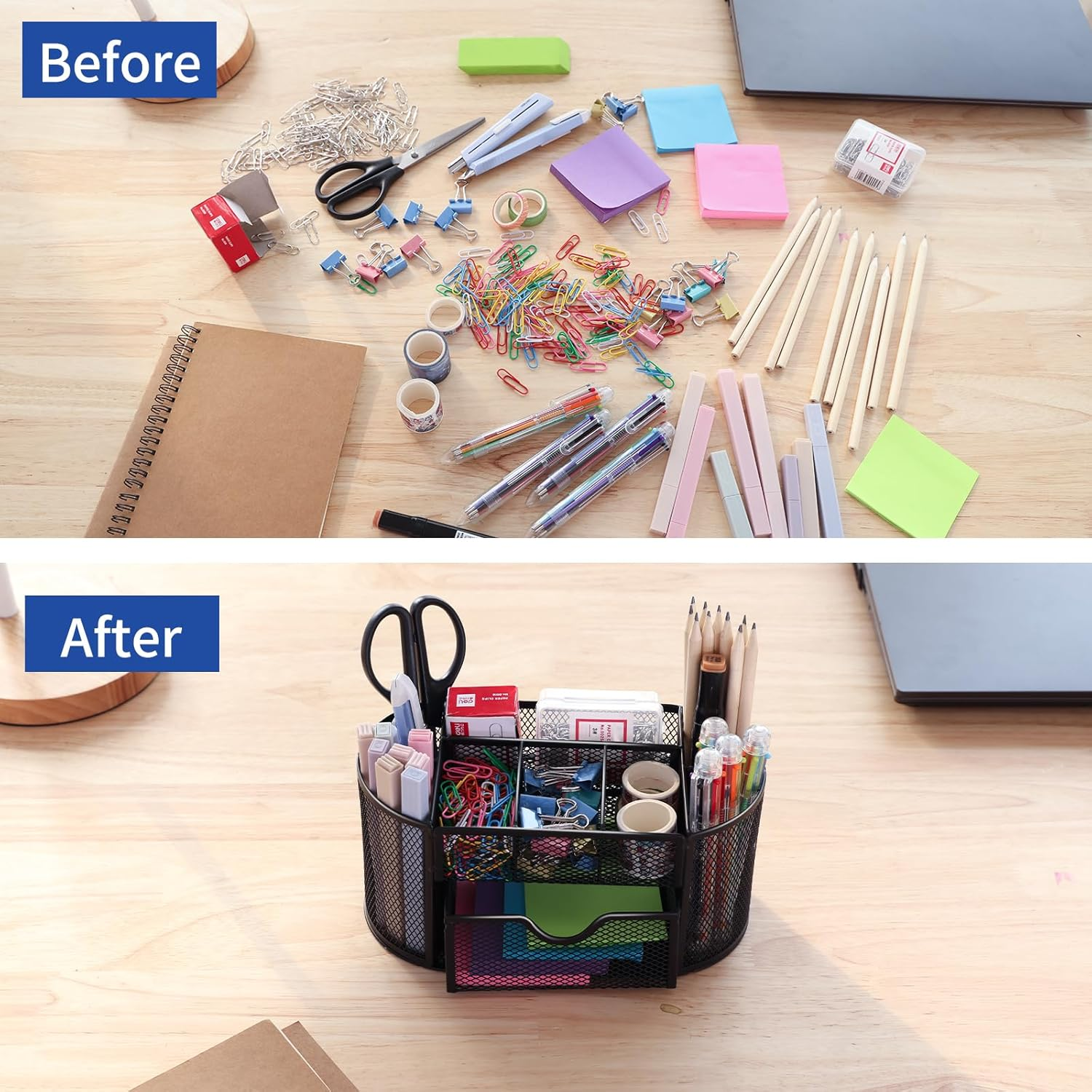 EOOUT Desk Organizer, Pencil Holder for Desk, Mesh Office Desk Accessories with 8 Compartments and 1 Drawer Stationery Holder School Supplies image number 2