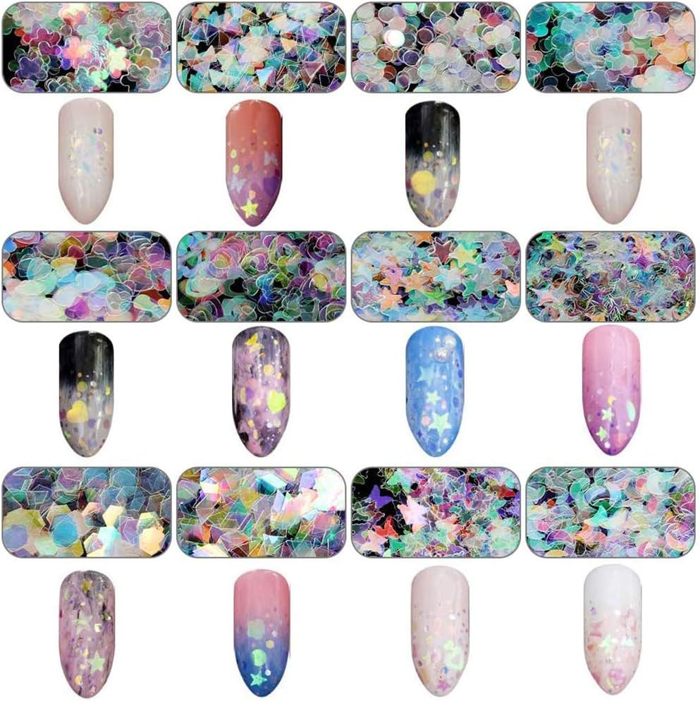 2 Box Holographic Nail Sequins Colorful Nail Glitter Fine Glitter with Heart Flower Moon Stars Shape for Makeup Body image number 1