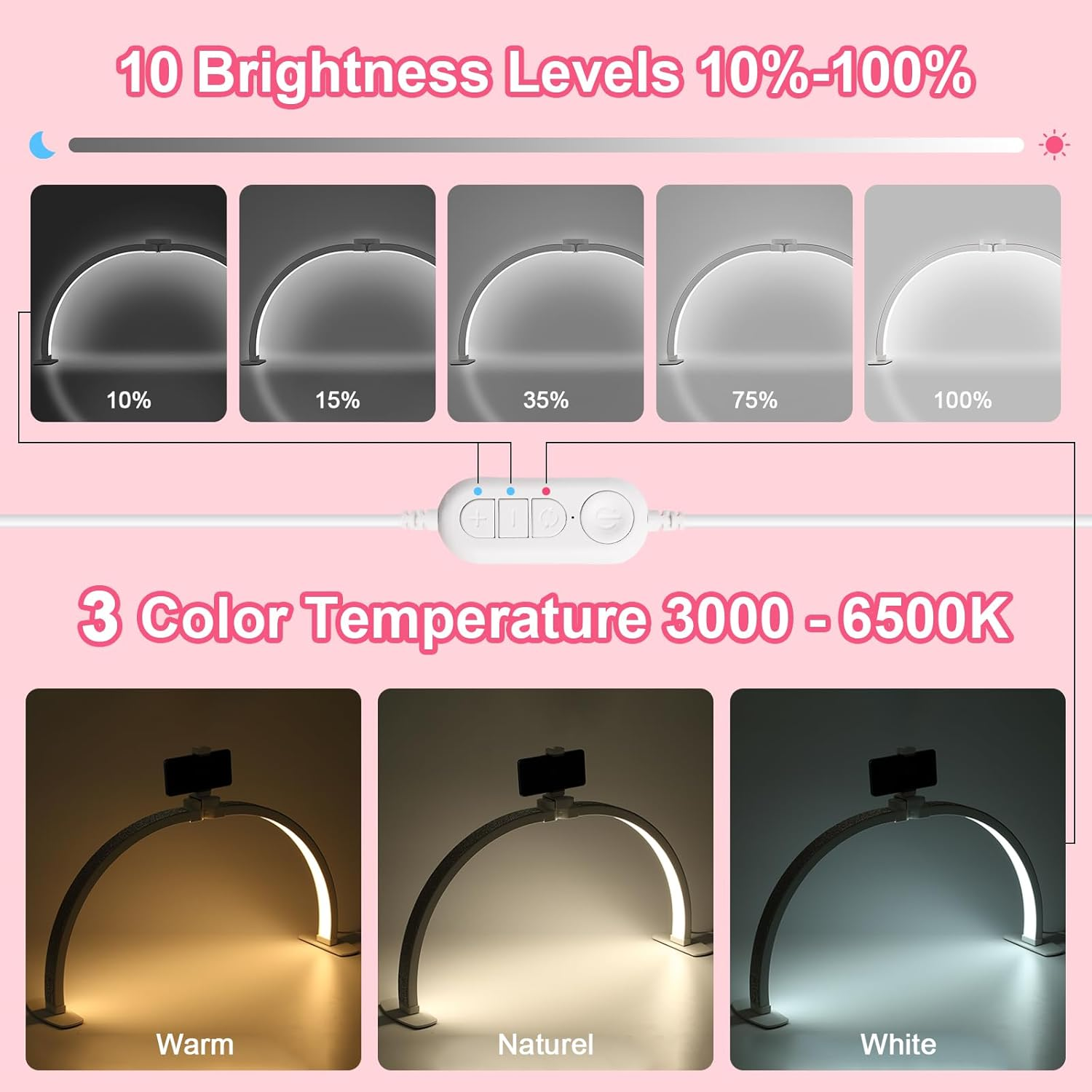 JIUYONG Upgraded Half Moon Light with Phone Holder, 29In Foldable Half Moon Light for Nail Desk, Nail Table Lamp with Stepless Dimming & Color Temperature (Large-29In)