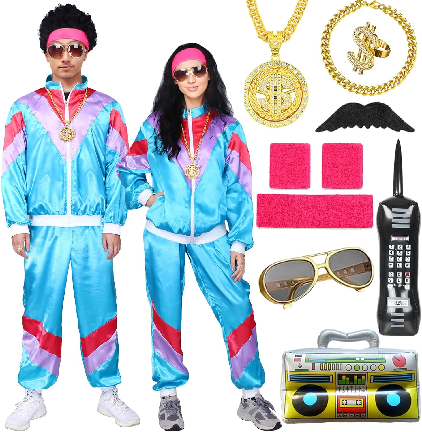 Shell Suit Costume Set 80S Fancy Dress Men Women Tracksuit with Glasses Headband Wristbands for Carnival Parties Halloween