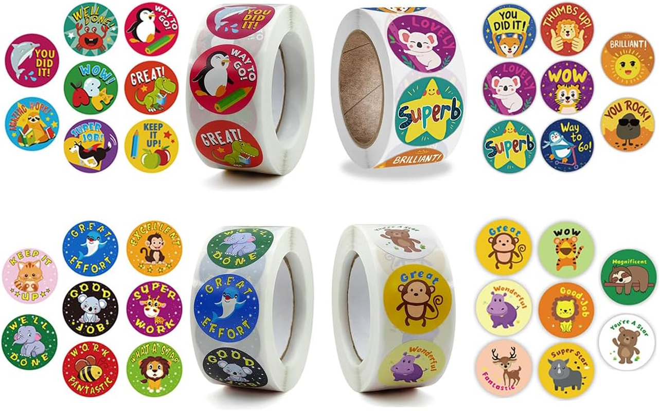 KALYRON 2000 Pcs Animal Reward Stickers,Fun Cartoon Bonus Stickers with Motivational Phrases, Perfect for Teachers, Students & Classroom Awards (Assorted Designs 4 Rolls