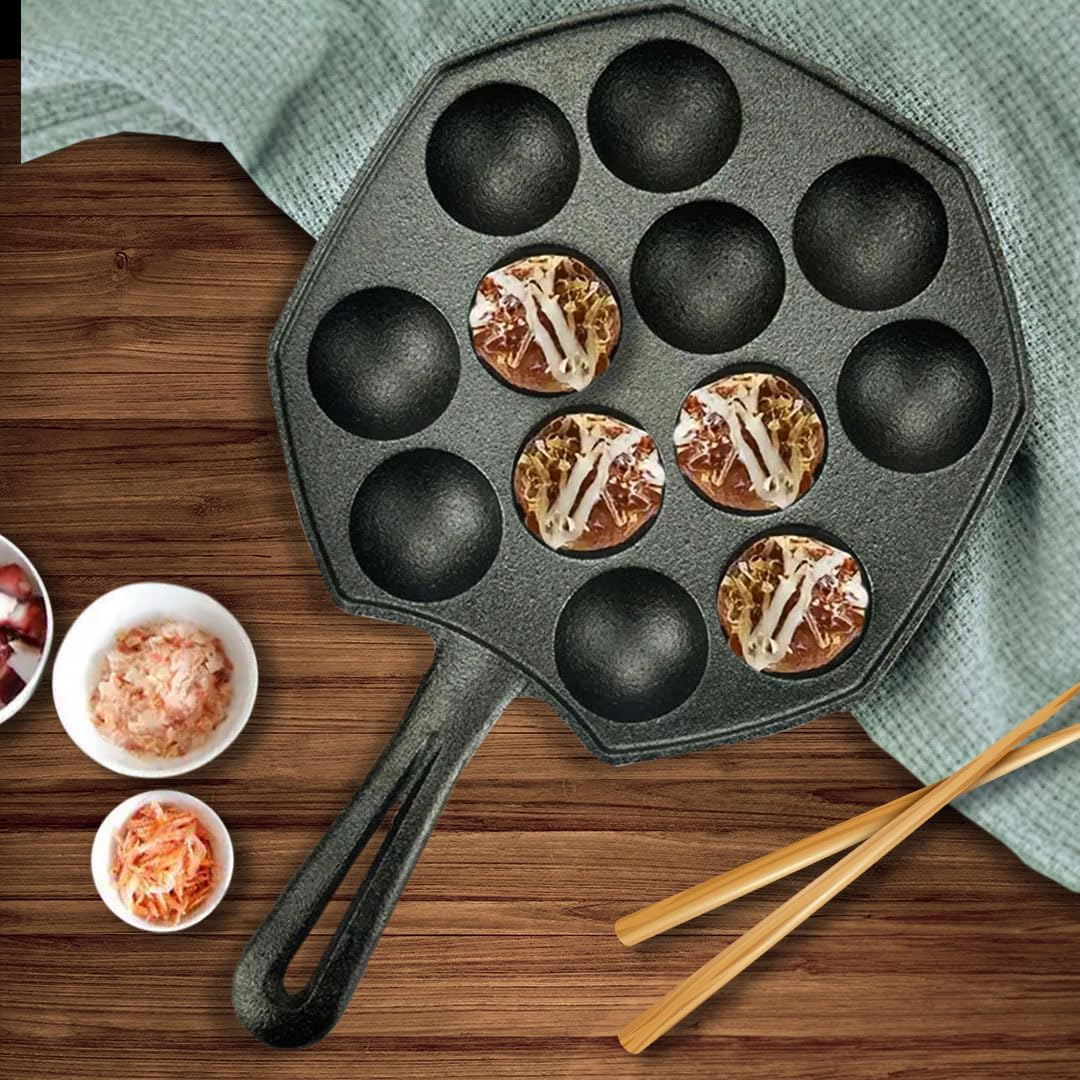 SOGA 18CM Cast Iron Takoyaki Fry Pan Octopus Balls Maker 12 Hole Cavities Grill Mold image number 1