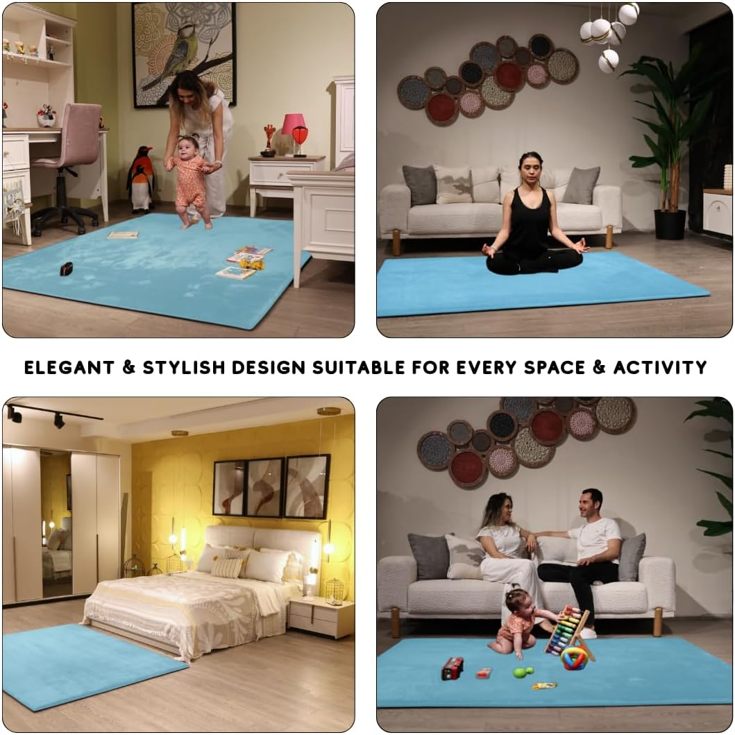 Hugb Baby Play Mat - Premium Extra Thick Non‑Slip Modern Rug for Kids & Toddlers - Tummy Time Mat for Floor -Safe Soft Game Area for Baby - Yoga & Stretching - OEKO-TEX Certified - Blue 150*200*3Cm image number 5