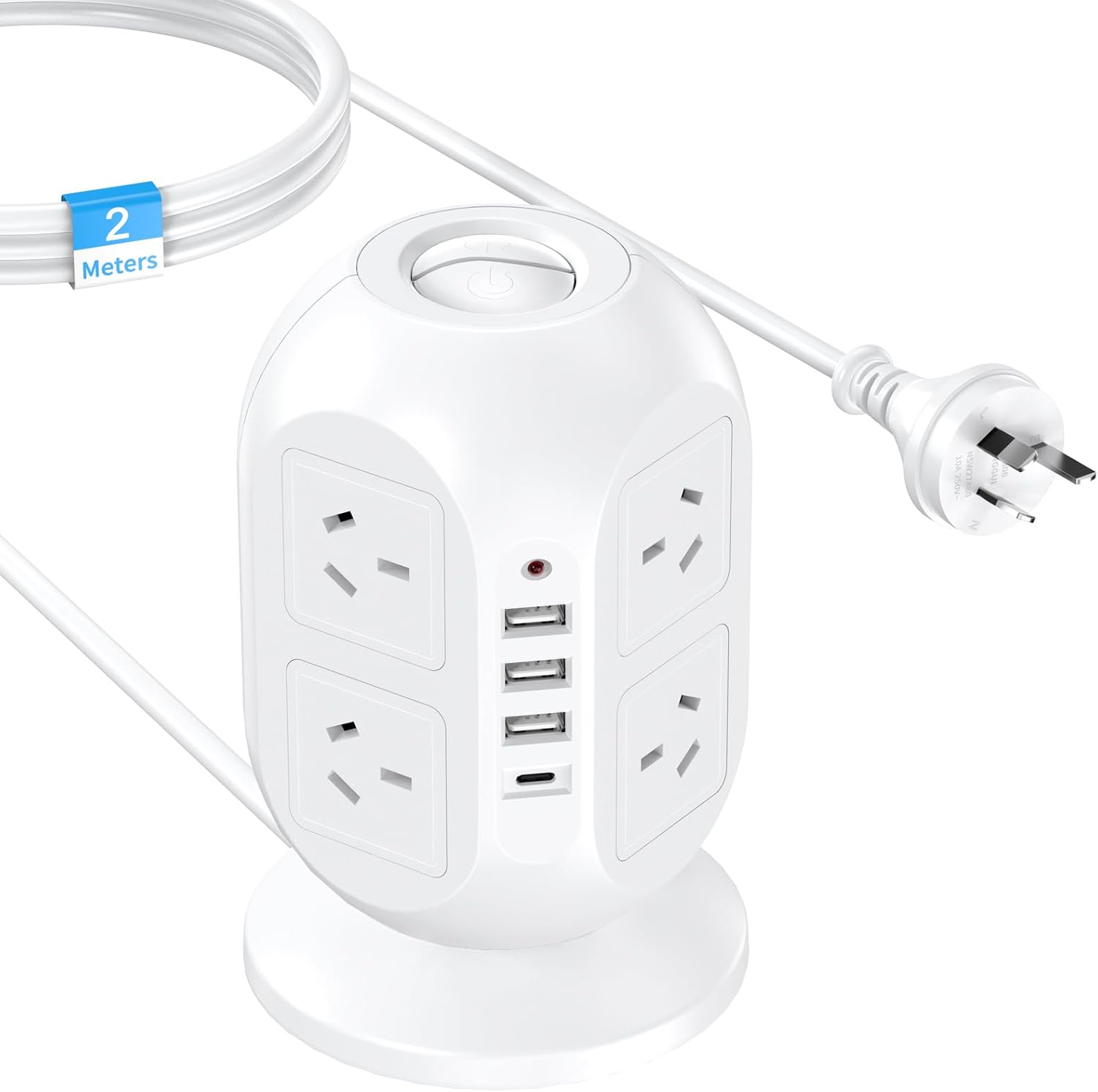 HITRENDS Tower Power Board with USB C, Surge Protection Powerboard with 8 AC Outlets & 4 USB(3 USB-A & 1 Type-C), Power Strip with 2M/6.5FT Extension Cord and Switch for Office Home