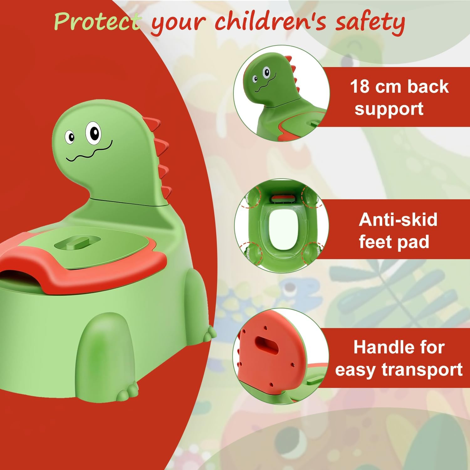 Kaiounni Toddler Potty Seat &ndash; Comfortable Dinosaur Design Toilet Trainer with Non-Slip Mat, Backrest, Soft Lid, and Portable for Boys & Girls Aged 1-6, Safe Potty Training Seat (Green) image number 4