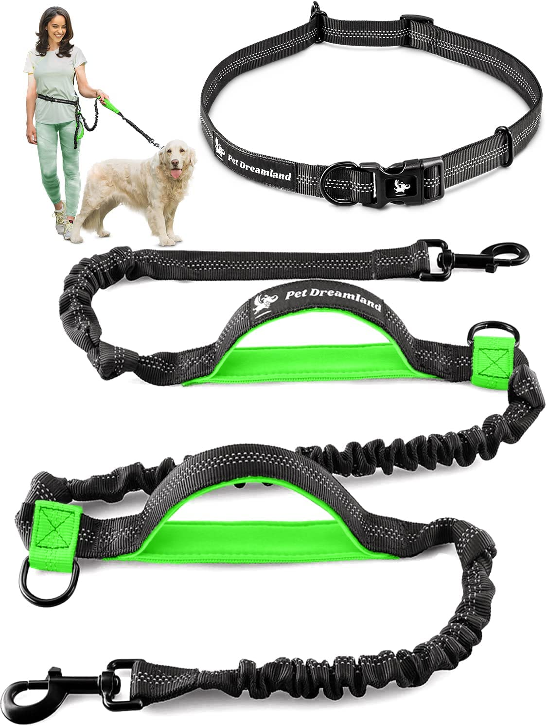 Exquisite Hands Free Dog Leash for Running | Waist Leash for Walking, Jogging, Cycling and Training W. Adjustable Belt and Retractable Bungee | Pet Hiking Gear Pack | Medium and Large Dog Lead Walker