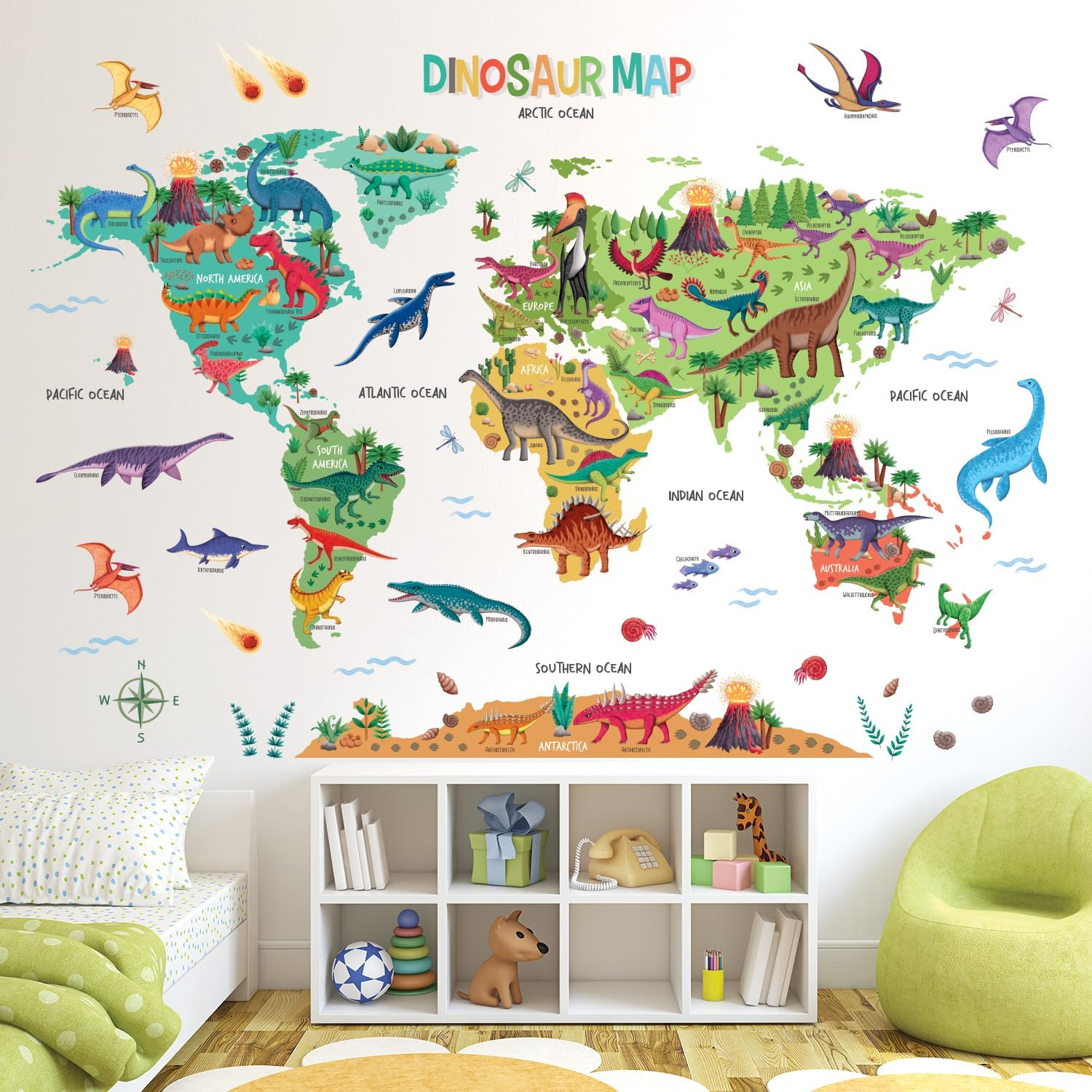 DECOWALL DL3-2415 Xlarge Dinosaur World Kids Wall Stickers (Xlarge 151 X 106Cm) Nursery Educational Decals Home D?Cor Travel Boys International Colorful Learning Nation Worldwide Playroom Bedroom image number 2