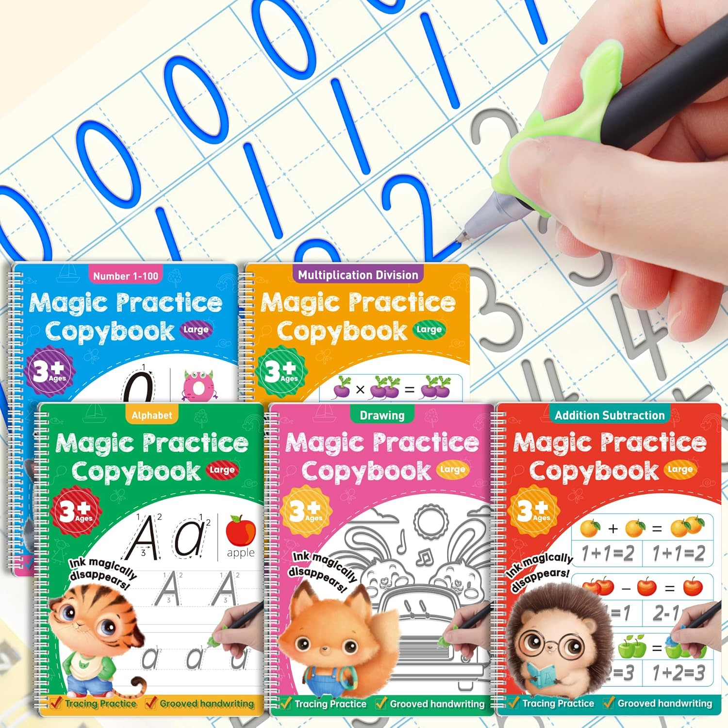Large Magic Grooved Practice Copybook 5 Pack with Pens, Reusable Children'S Magic Copybooks, Magical Handwriting Workbooks Number Letter Tracing for Kids Age 3-8 Kindergarten Preschool Calligraphy image number 1