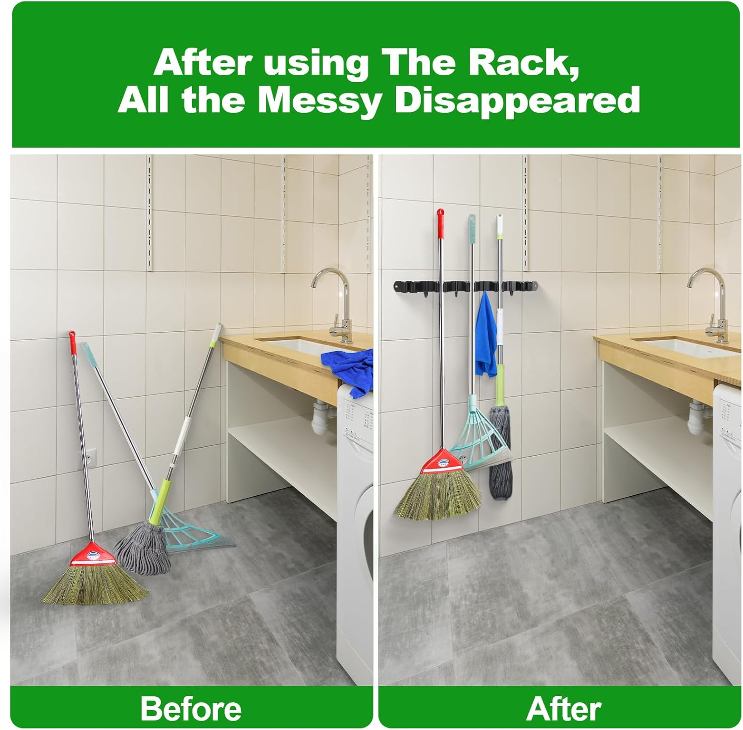 Voze 5 Racks and 4 Hooks Mop and Broom Holder Wall Mount, Self Adhesive Heavy Duty Broom Hanger Organizer Storage Tool Racks for Kitchen Garden Laundry Garage Black image number 3