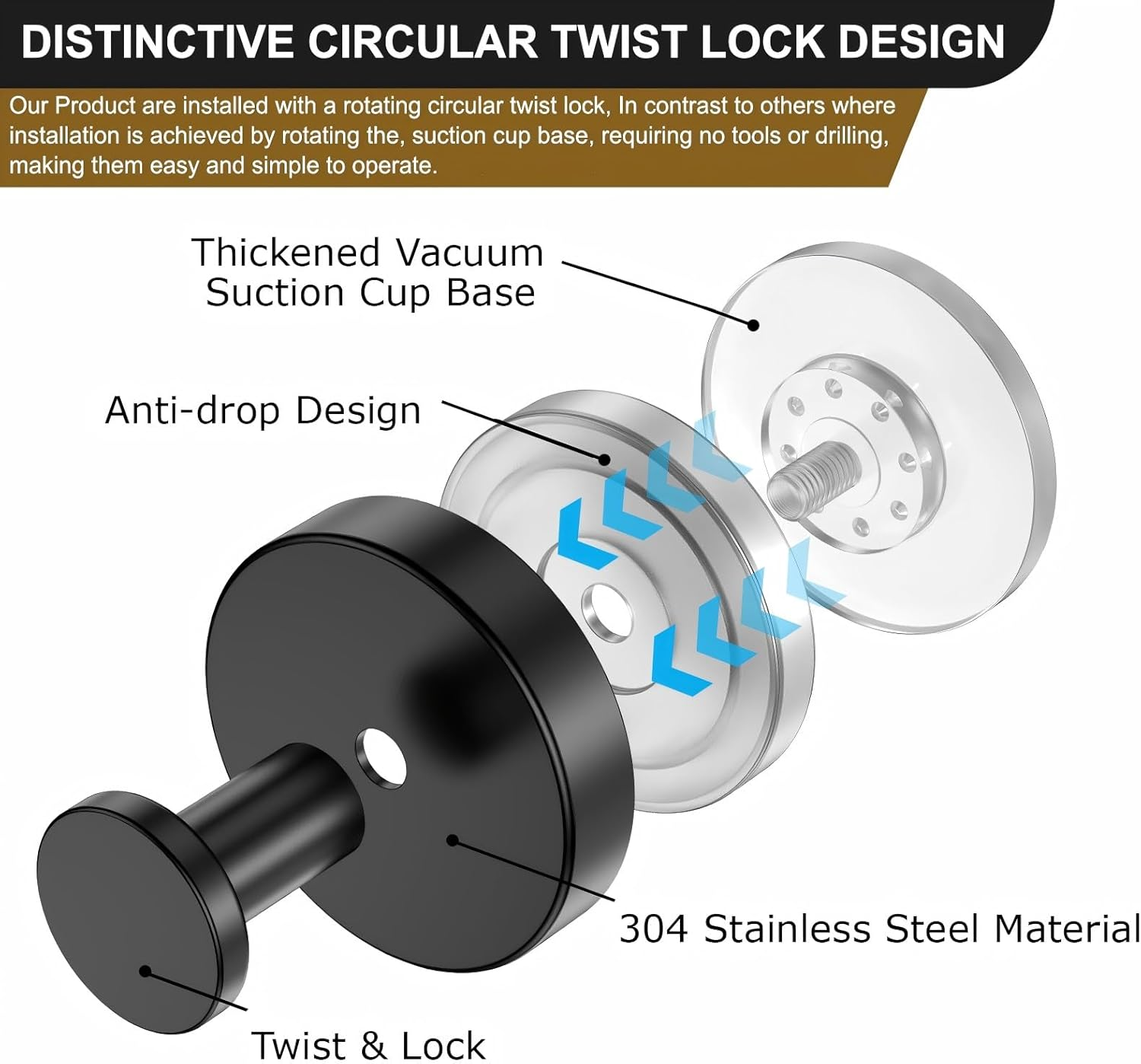 4 Pcs Suction Cup Hooks for Shower, No-Drill Bathroom Hooks Can Pull up to 15 Lbs for Kitchen, Toilet, Restroom on Glass, Suction Hook Suitable for Hanging Towels Suction Hooks, Rustproof, Matte Black - 2 Pcs Gold Bright image number 3