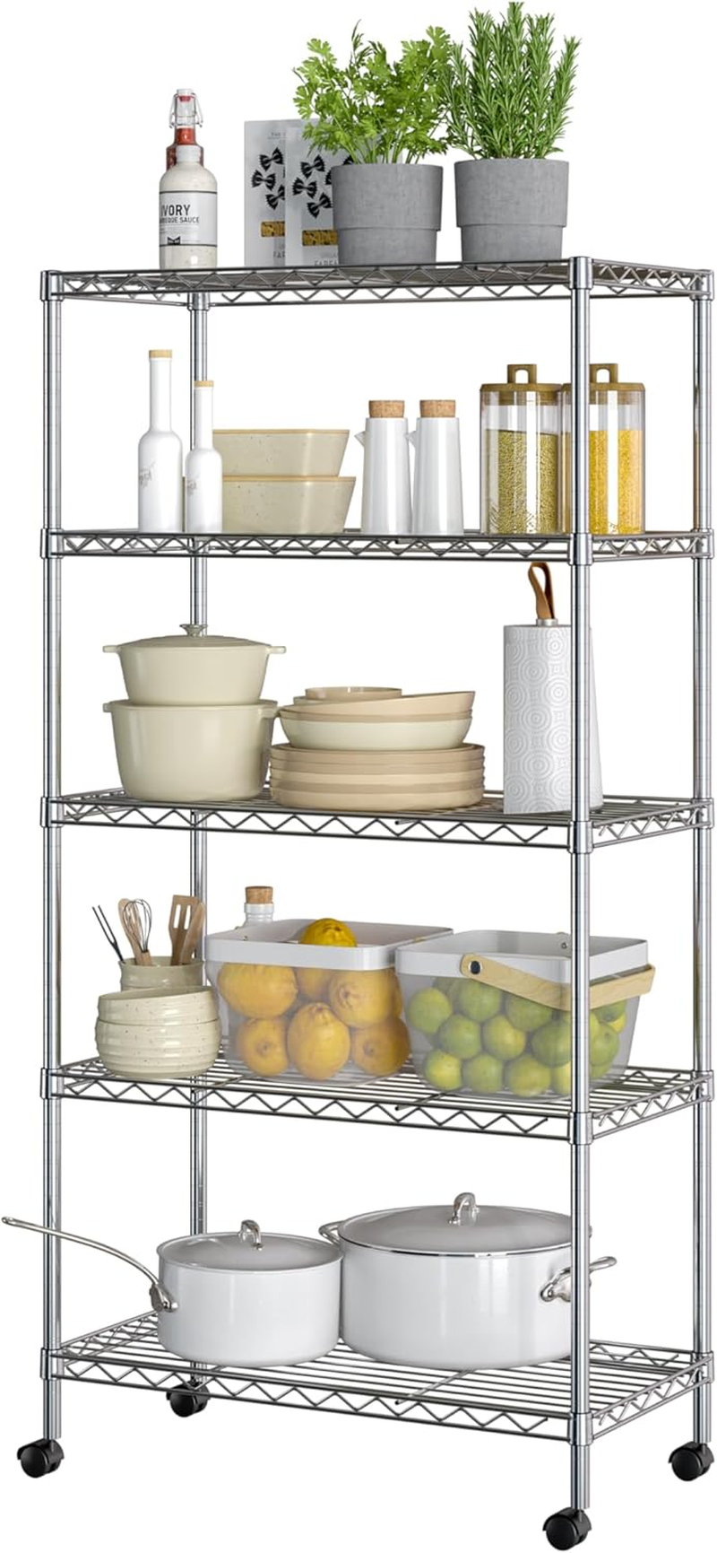 Seville Classics 5-Tier Wire Shelving with Wheels, 5-Tier, 30"" W X 14"" D (New Model), Chrome Plating, Plated Steel image number 1