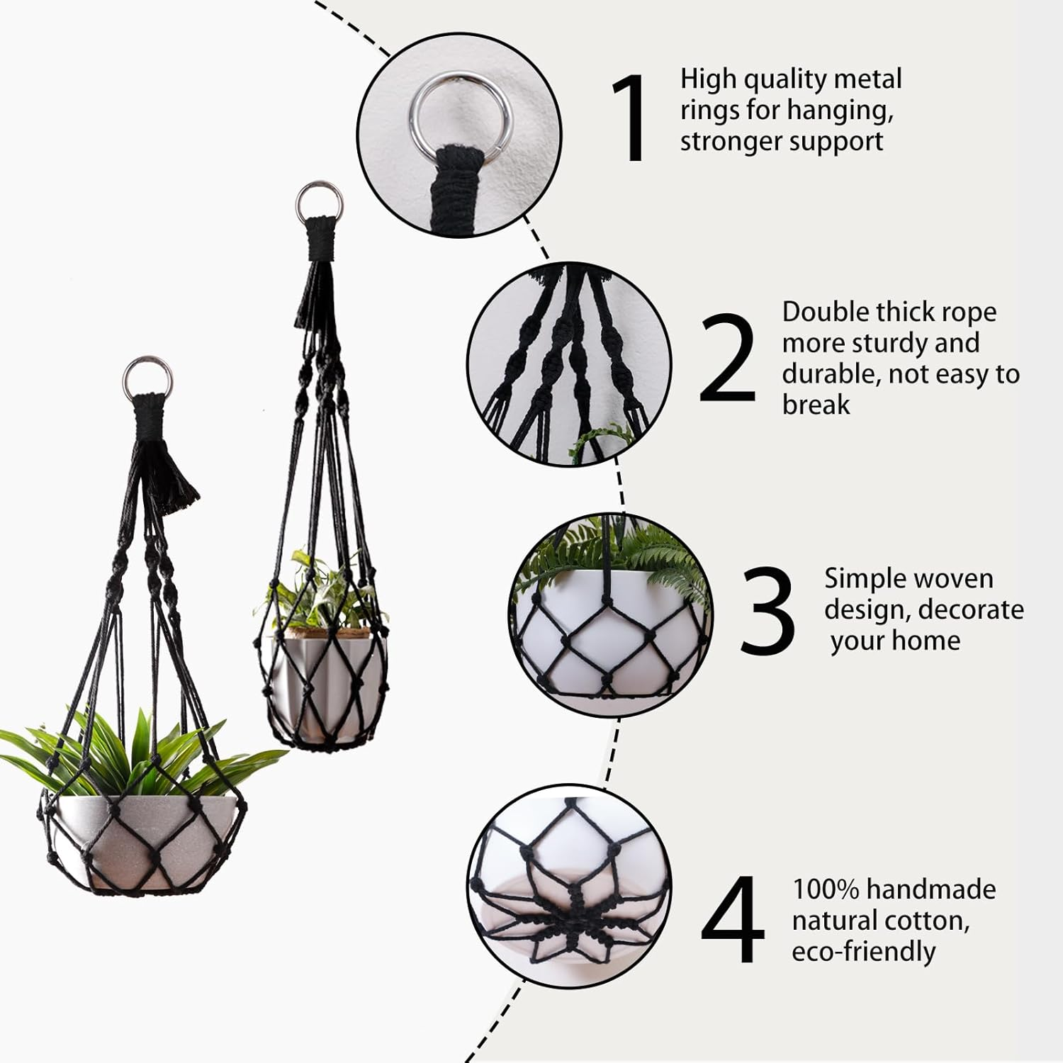 Artilady Black Plant Hanger Macrame Hanging Planter for Indoor Boho Plants Holder with Hooks Hanging Plant Basket Outdoor Window Wall Plants Home Decor - Black Macrame image number 4