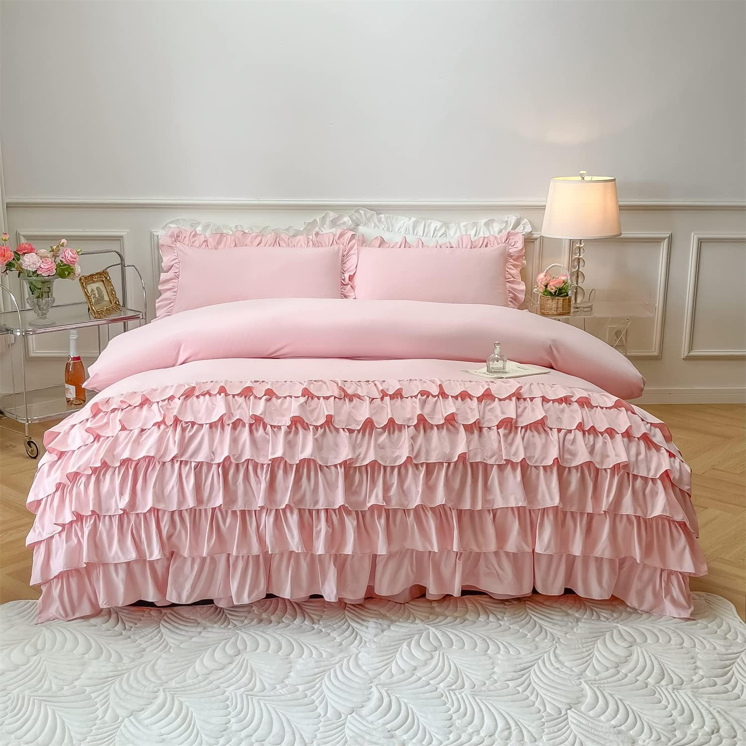 MOOWOO Girls Bedding,Waterfall Ruffle Duvet Cover -Full 3 Piece Shabby Chic Bedding Solid Color Soft and Breathable with Zipper Closure,Corner Ties,Aesthetic Bedding-Pink,Full image number 4
