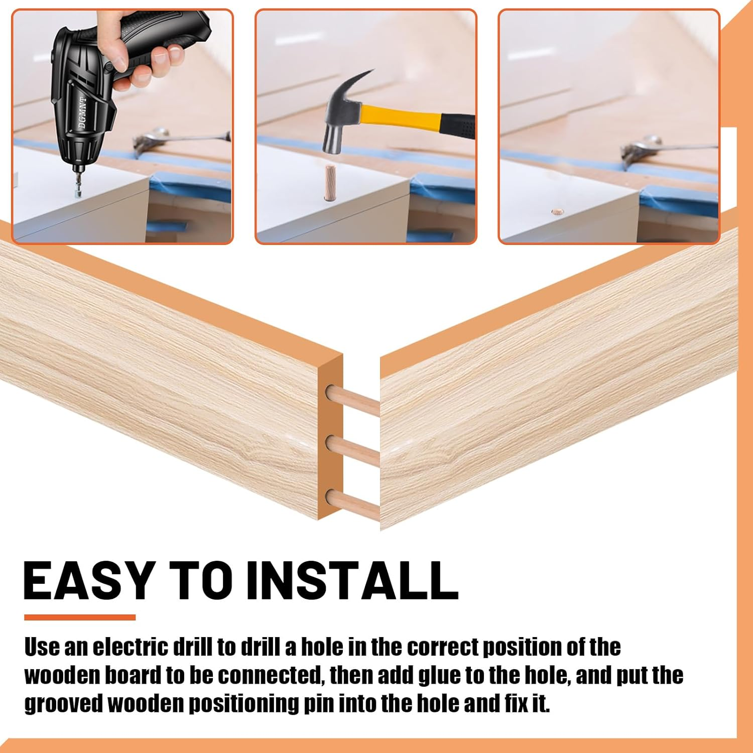 Tanstic 200Pcs 9 Sizes Wooden Dowel Pins, 6Mm 8Mm 10Mm Wood Beveled Ends Tapered Pins, Straight Groove Wooden Dowel Pins for Furniture Door Art Crafts Projects image number 1