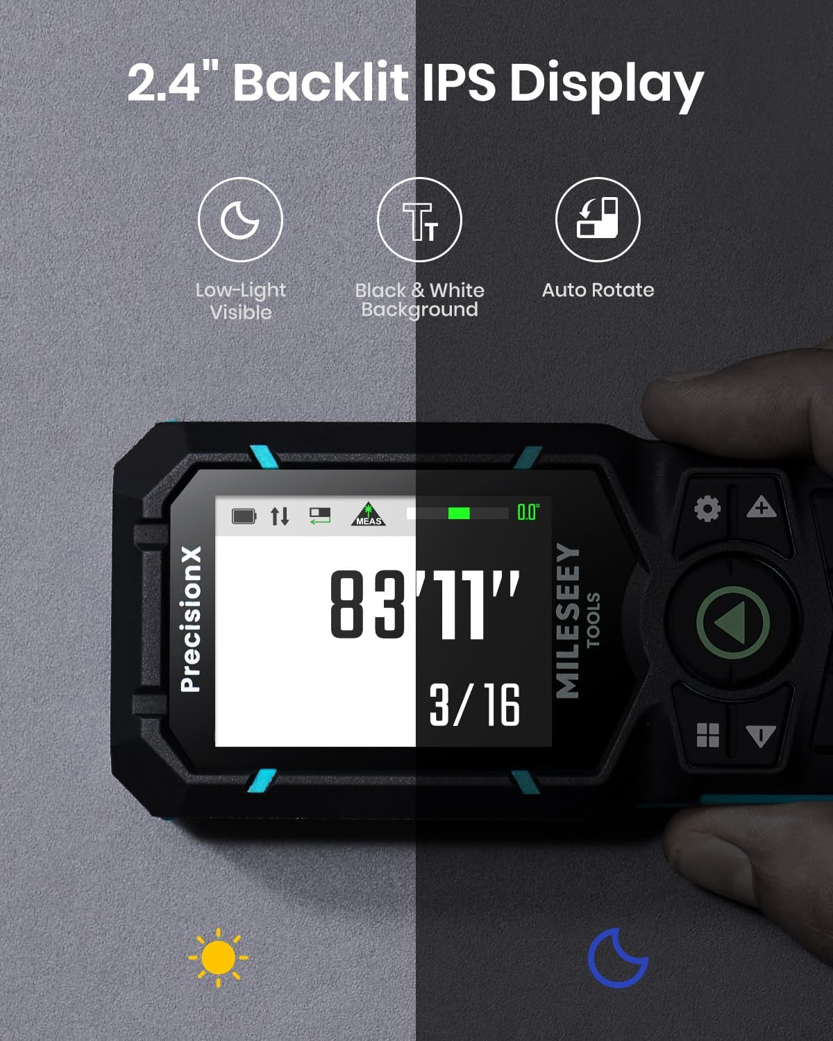 Mileseey S50 Green Laser Distance Meter &ndash; 400Ft Measurement Tool with Level, &plusmn;1/16" Accuracy, Ft/In 8 Units, Pythagorean/Area/Volume, P2P, 2.4" Backlit Display, IP54 for Construction, Home Improvement image number 3