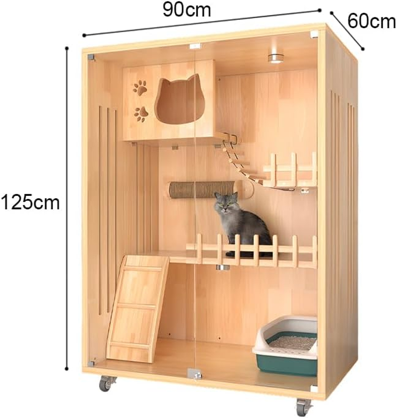 Large Indoor Cat House - Multi-Level Wooden Cat Villa with Lockable Wheels, Tempered Glass Doors & Ventilation, Enclosed Cat Condo for Indoor Cats, 35"X 24"X 49" (90&times;60&times;125 Cm)