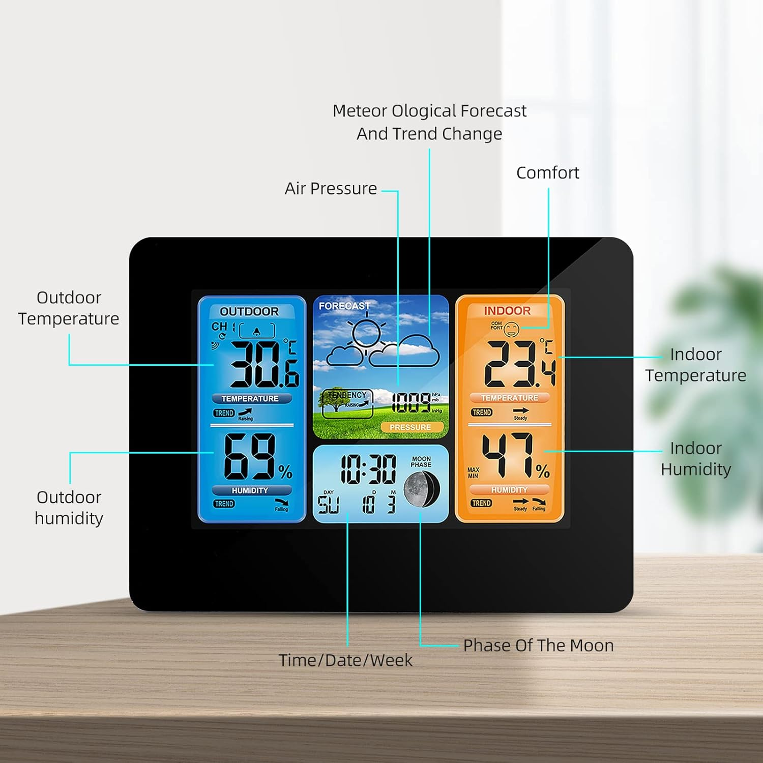 Indoor Outdoor Thermometer Wireless, Weather Station with Atomic Clock,Usb197Ft（60M） High Precision Temperature Humidity Meter, HD Color Display Weather Thermometer with Barometer Black & White image number 2