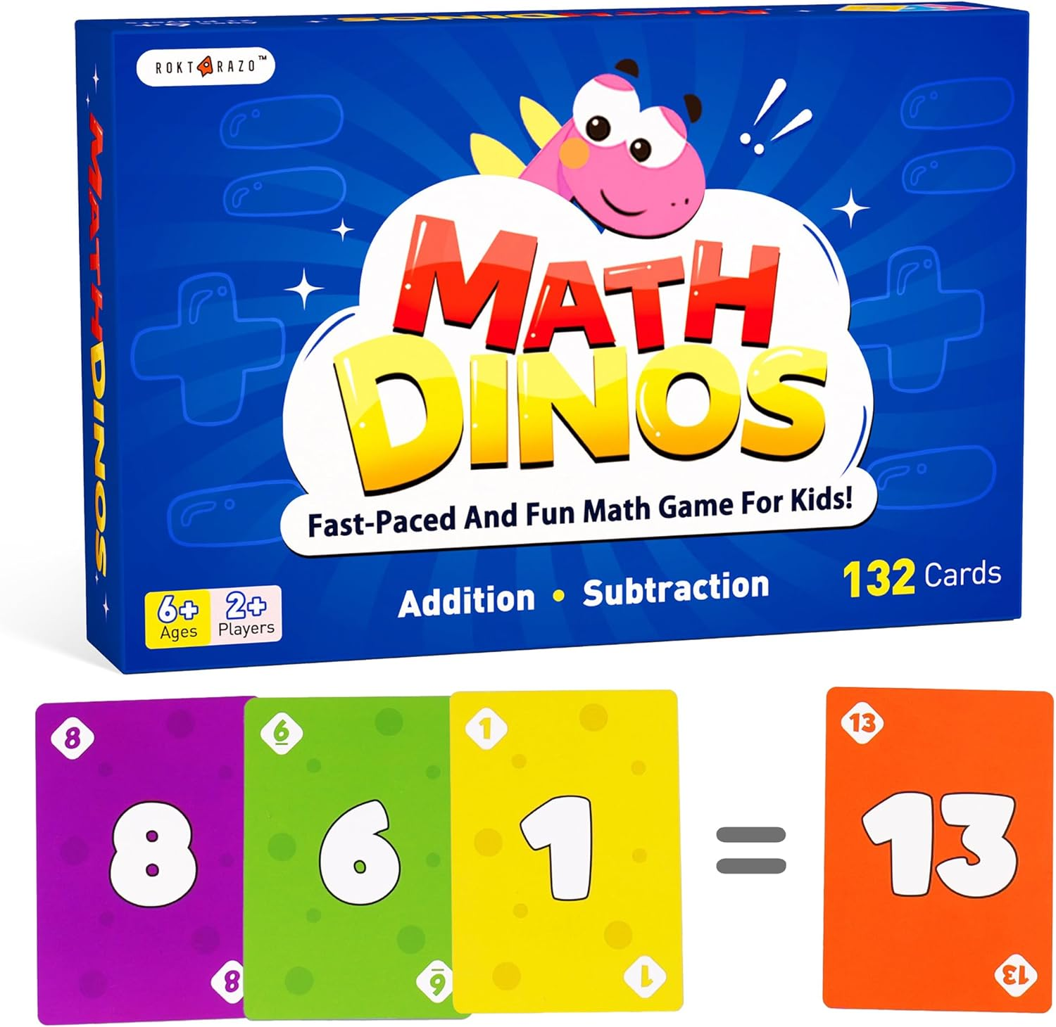 Rokt&Razo Math Dinos Card Game for Kids Ages 5+: Fast-Paced Flash Cards for Addition, Subtraction, Multiplication, Division, Blank Cards to Fit Different Skill Levels, Perfect for Home and School image number 1