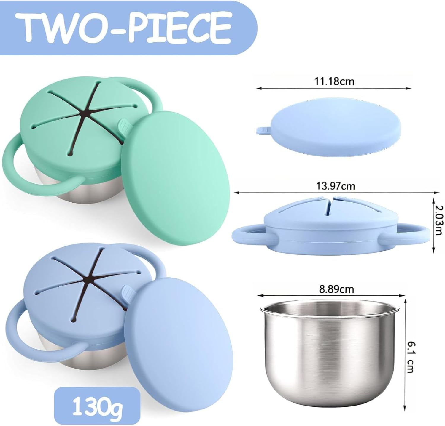 2-Pack Stainless Steel Snack Containers for Baby Toddlers with Spill-Proof Silicone Lids & Handles - 3-In-1 Baby Snack Cups, No-Spill Baby Snack Box Perfect for On-The-Go, Dishwasher Safe, Food Grade image number 3