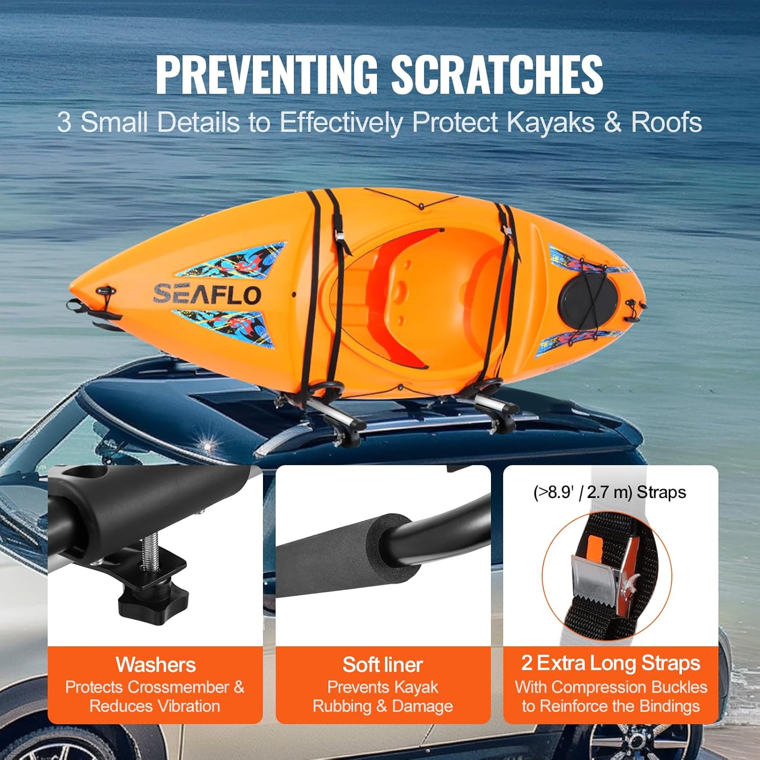 VEVOR Kayak Roof Rack 1 Pair J-Bar, Soft Roof Rack, Top Mount Tie Down, Carrier for Kayak, Surf Board, Canoe, SUP, Ski Board, Mount on Car, SUV, Truck, 1 Kayak image number 4