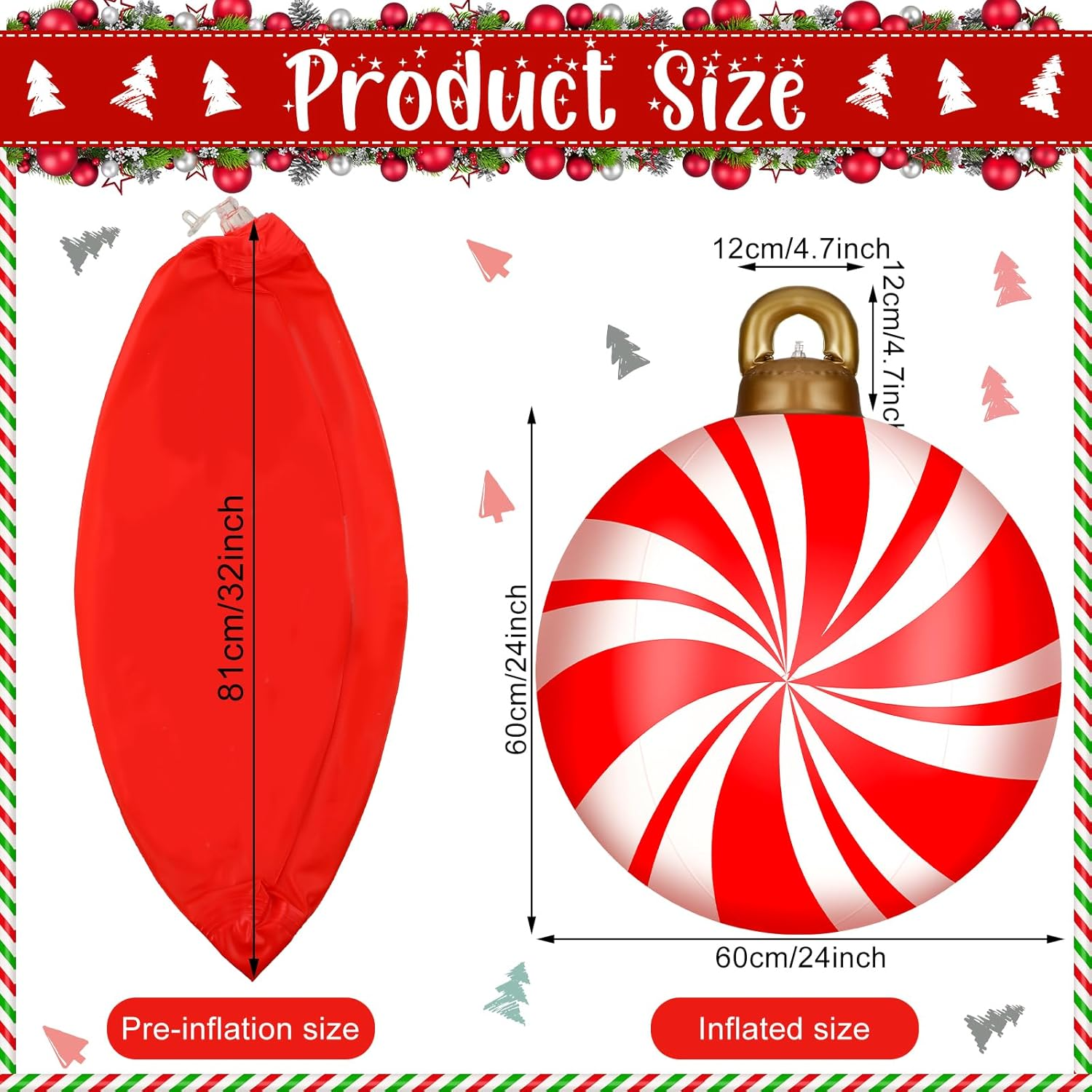 Jetec 32 Inch Giant PVC Inflatable Christmas Ball Ornaments Large Xmas Blow Ball Decorations Inflatables Outdoor Holiday Decorations Christmas Blow up Yard Decor(8 Pcs,Candy Pattern) image number 4
