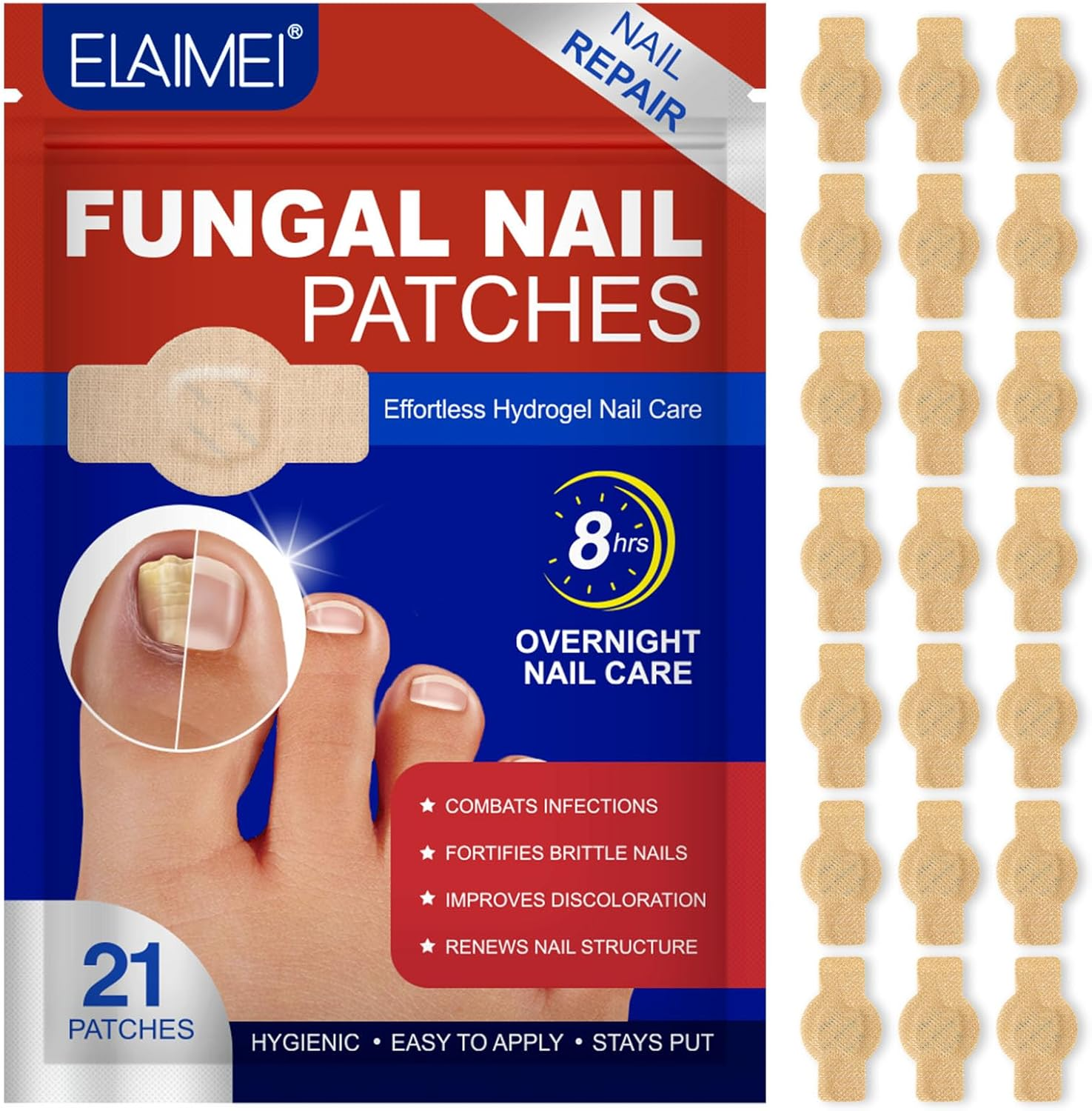 Fungal Nail Patches, Nail Fungus Treatment for Toenails, Nail Repair Patches Toenail Fungus Treatment, Nighttime Nail Patch 8-Hour Overnight Repair for Nail Fungus Damage Adhesive Patch,21Patches image number 1