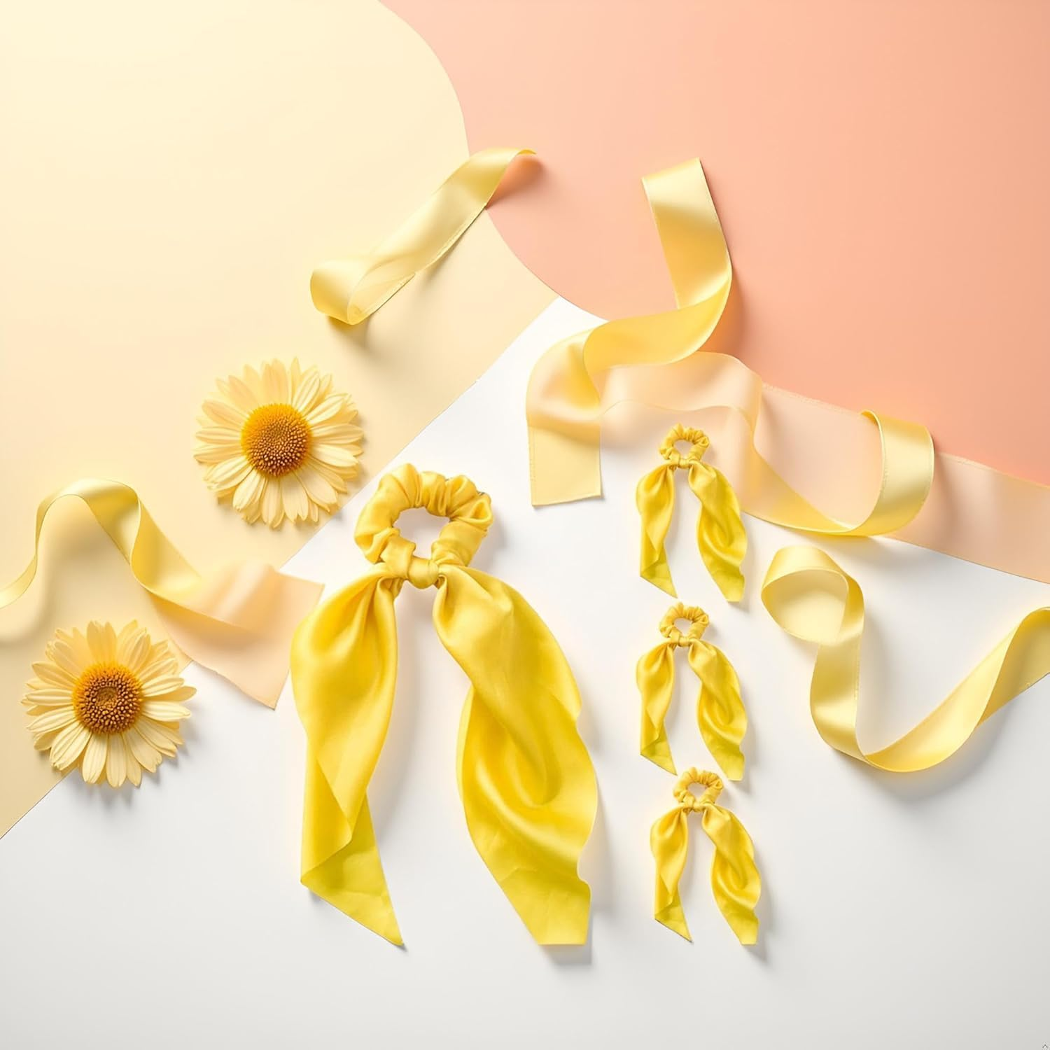 4 Pcs Yellow Women Girl Bow Satin Ribbon Ponytail Scarf Hair Tie Rope Scrunchies Elastic Band Hair Scrunchies Bands Elastics and Ties Hair Elastics Ties Hair Accessories image number 5