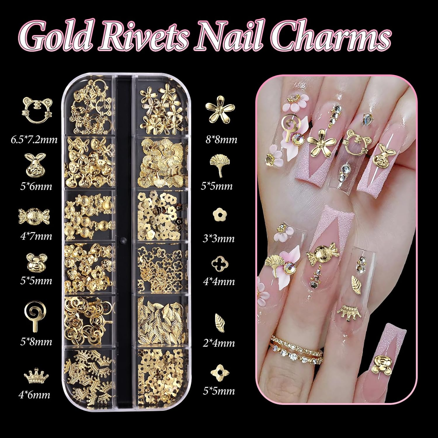 Cynailli 2 Boxes 3D Gold Nail Charms, Assorted Heart Star Flower Rabbit Animal Candy Cross Star Shapes, Luxury Metal Nail Art Accessory